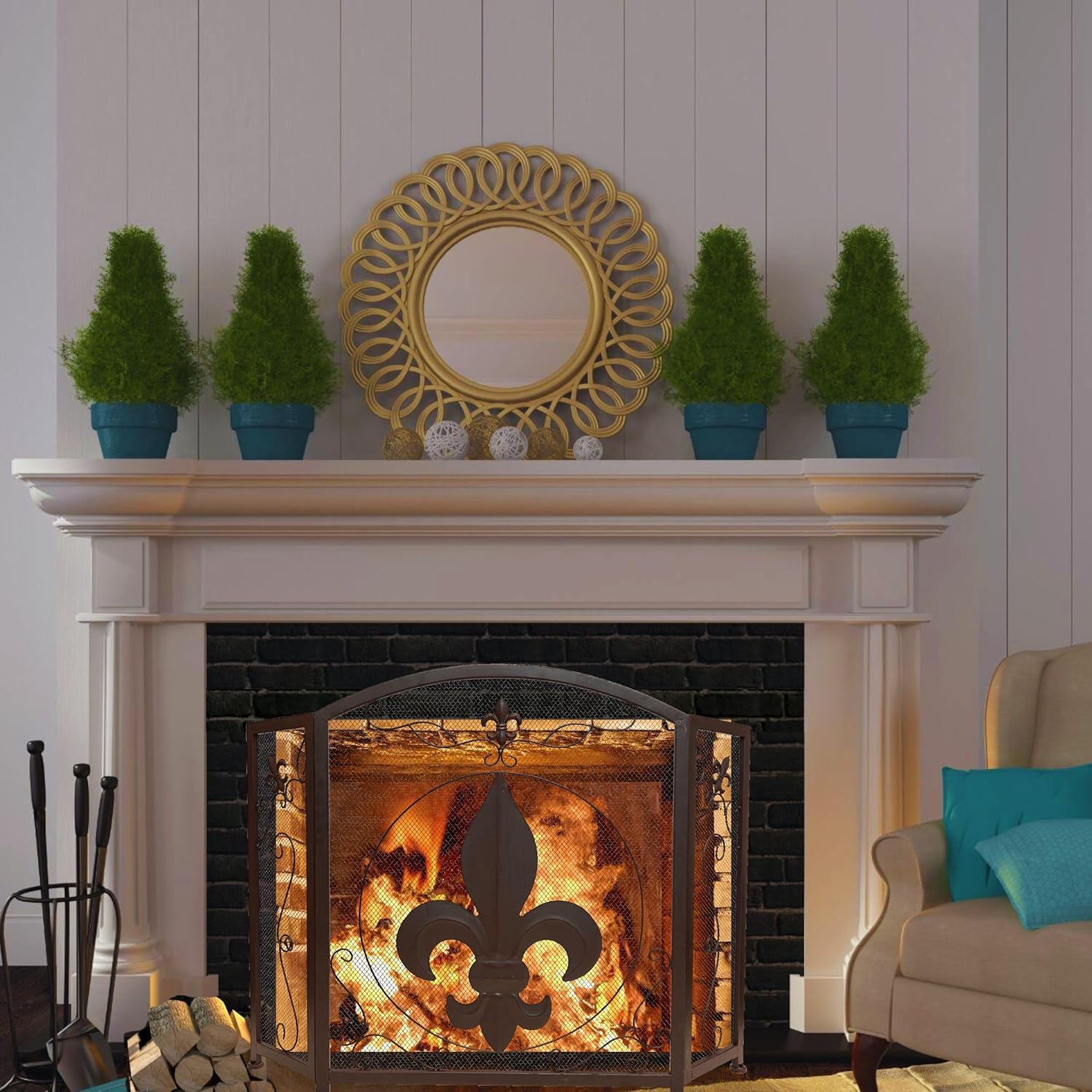 BestGiftEver 3-Panel Fireplace Screen Decorative with Fleur De Lis Design, Classic Dark Brown - Stand Alone Decorative Wrought Iron Mesh French Royal Style Fireplace Cover, Classic Home decor