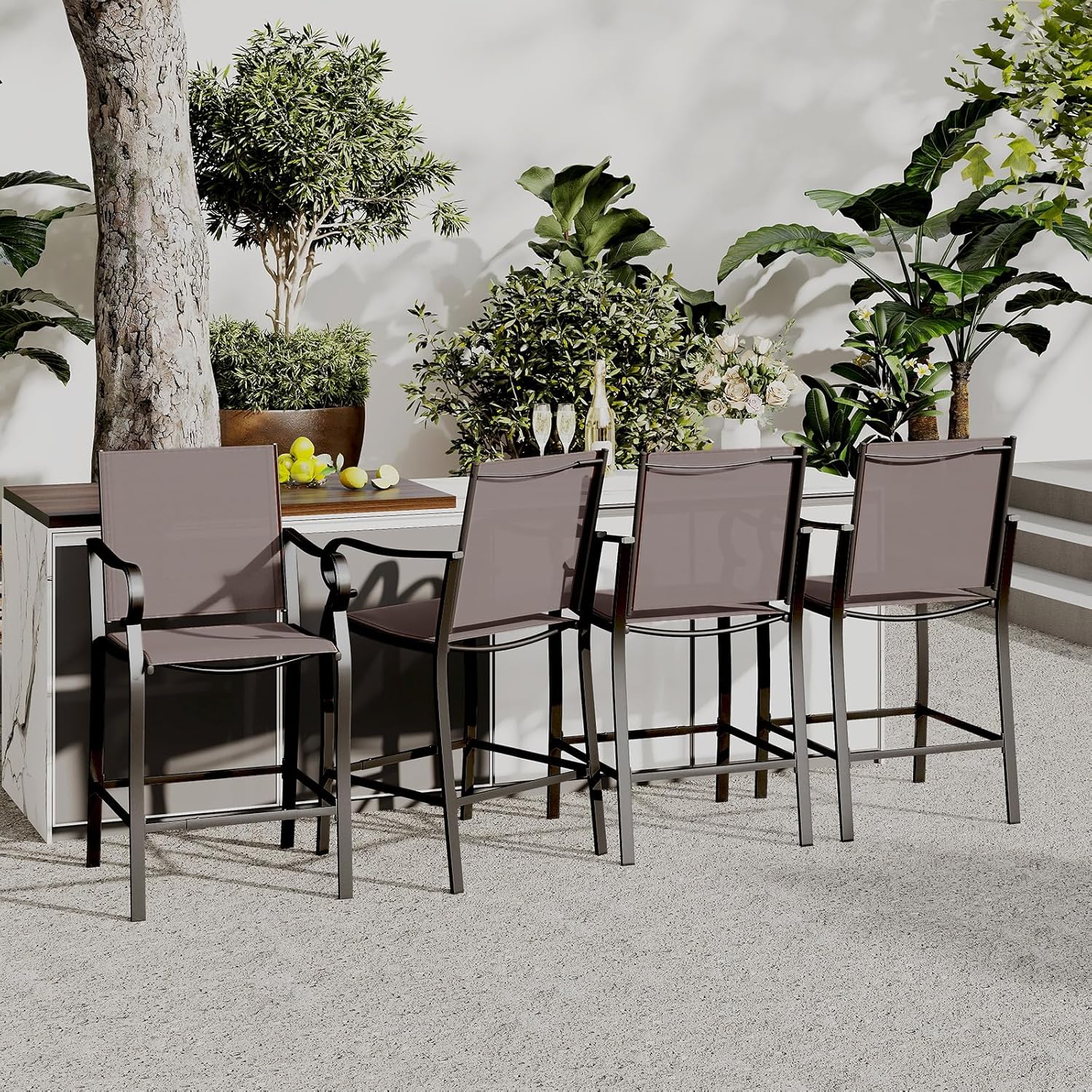 Tangkula Outdoor Bar Stools Set of 2, High Bistro Chairs with Back, Armrest and Footrest, Tall Counter Height Patio Stools & Bar Chairs with Breathable Mesh Fabric for Porch, Balcony and Backyard