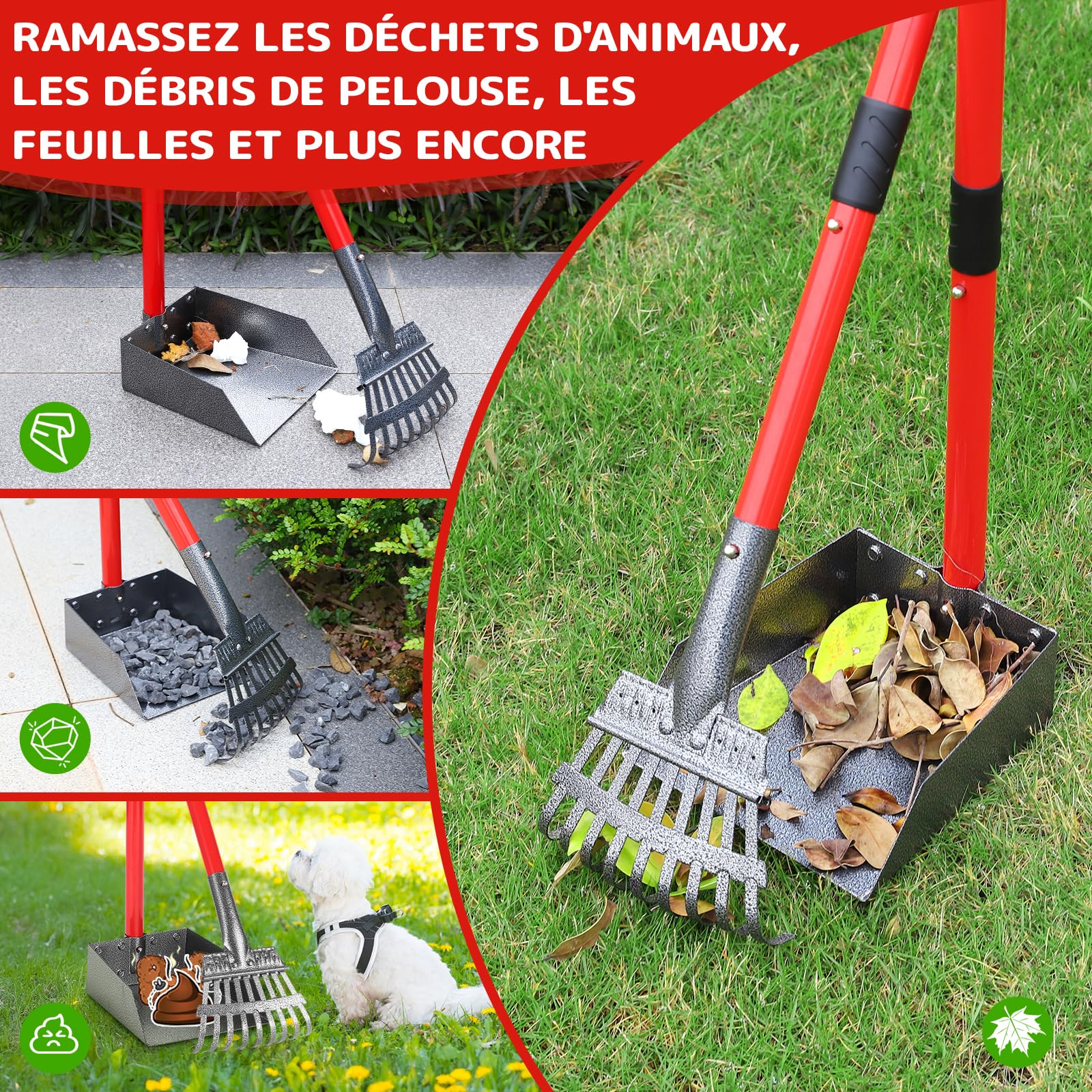 Ramasse Crotte Chien, Pelle a Crotte pour Chien en Métal, Longue Poignée en Acier Inoxydable à Utiliser sur la Cour, l'herbe, la Terre ou Le Gravier (Rouge)