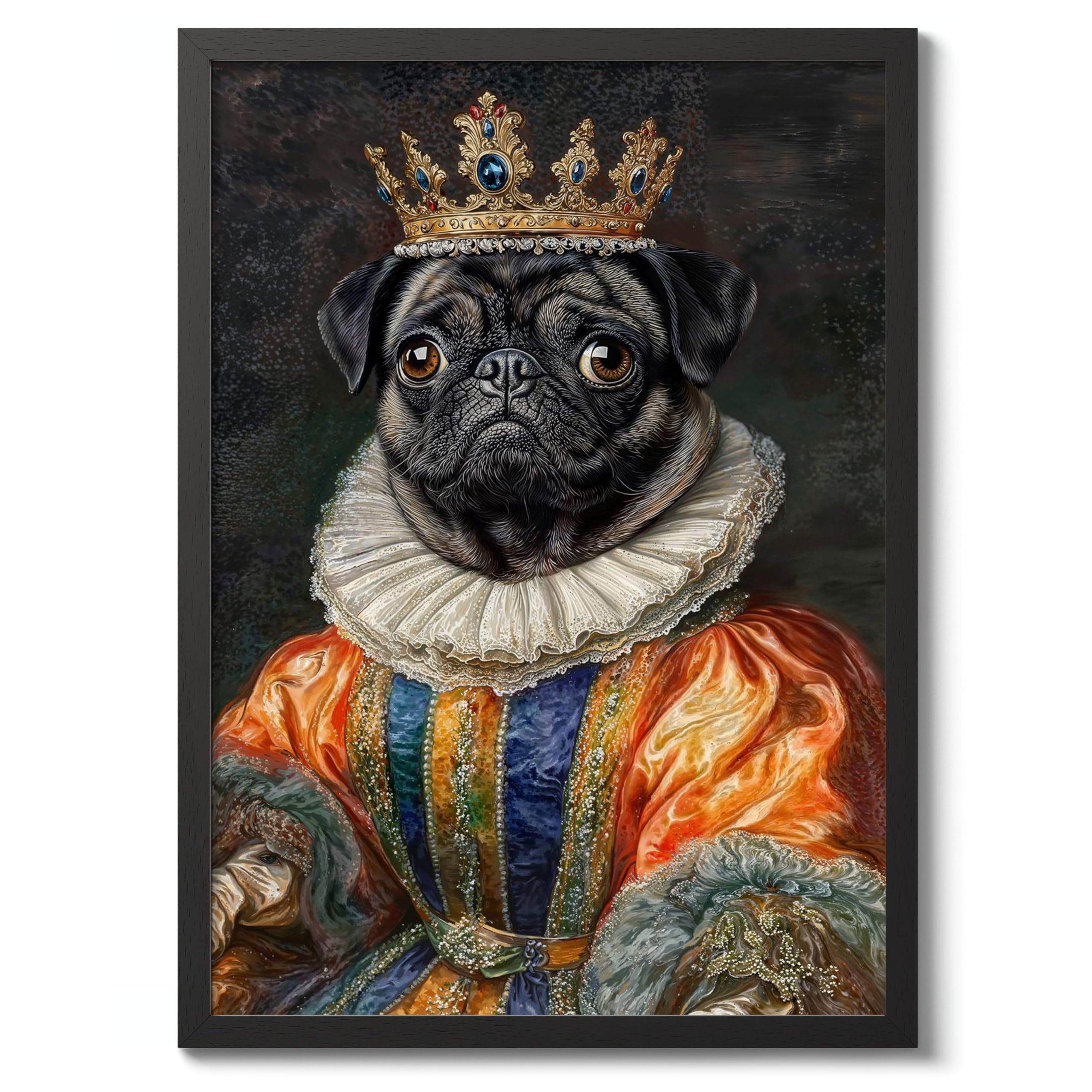 Pug Tudor Animals Poster, Funny Pets Wall Art Prints, Historical Animal Portraits, Living Room Home Decor, A2 (Black Frame) - 62.5x45.1cm — image 1