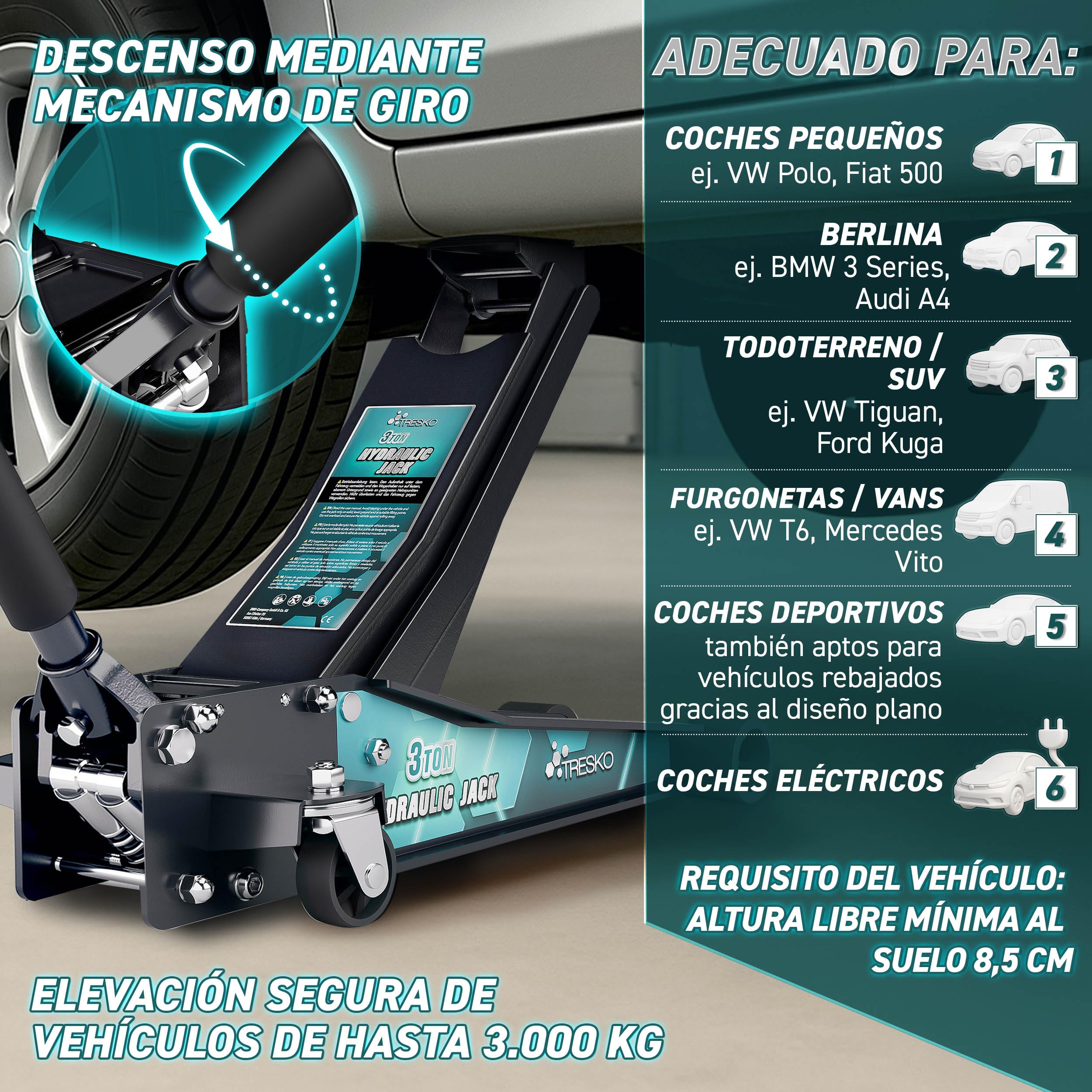 TRESKO gato hidráulico 3T 75-510mm doble pistón ruedas 360°