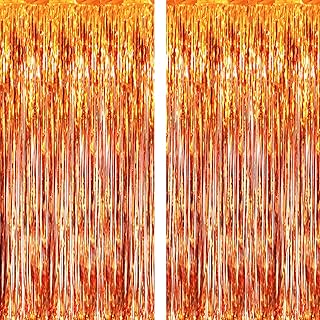 GOER 6.4 ft x 8.2 ft Metallic Tinsel Foil Fringe Curtains,Pack of 2 Party Streamer Backdrop for Birthday,Graduation Decorations and New Year Eve (Orange)