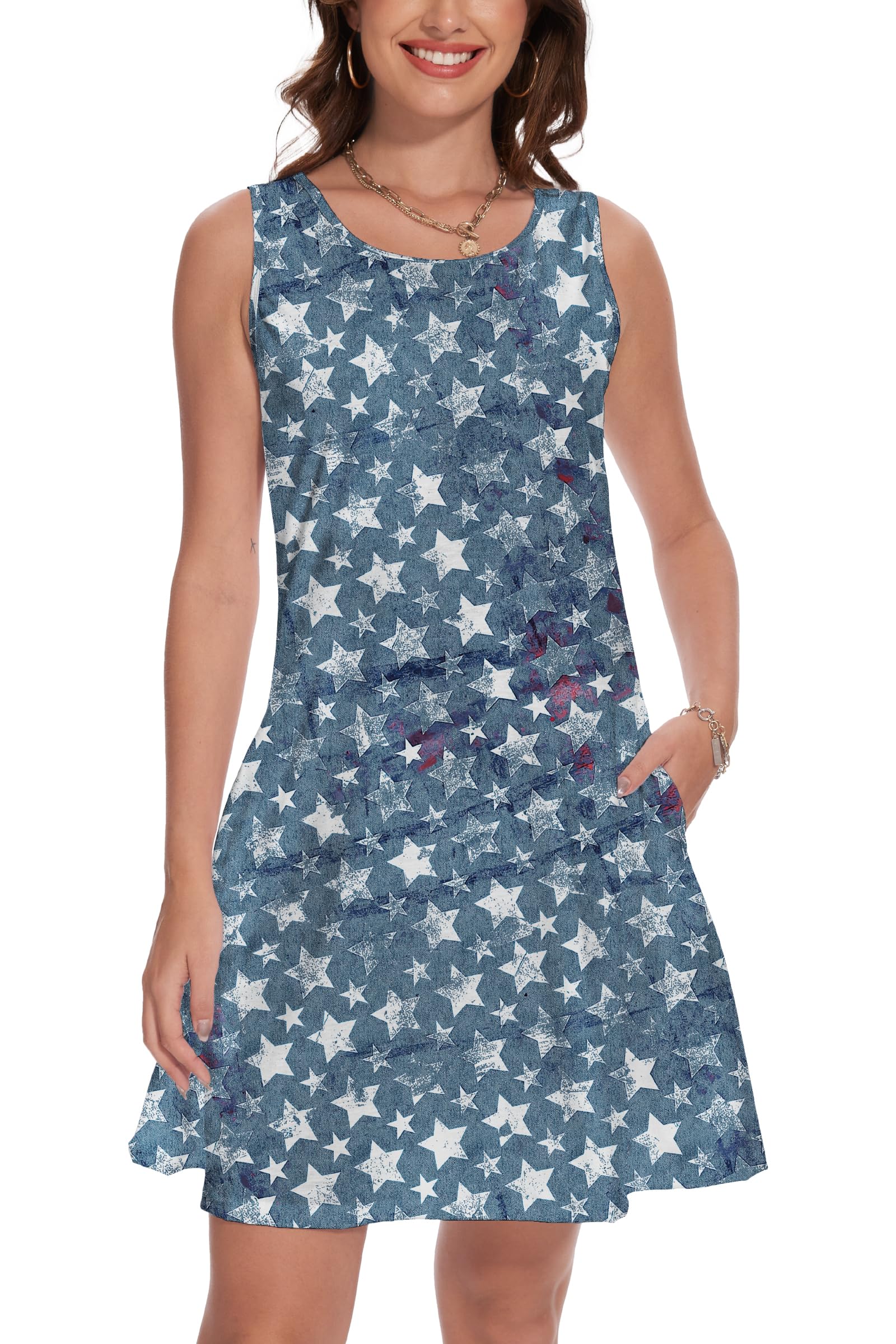 TMSD Women's July 4th Tank Dresse Independence Day Sleeveless Red White Blue Frock USA Flag Patriotic Dress with Pockets