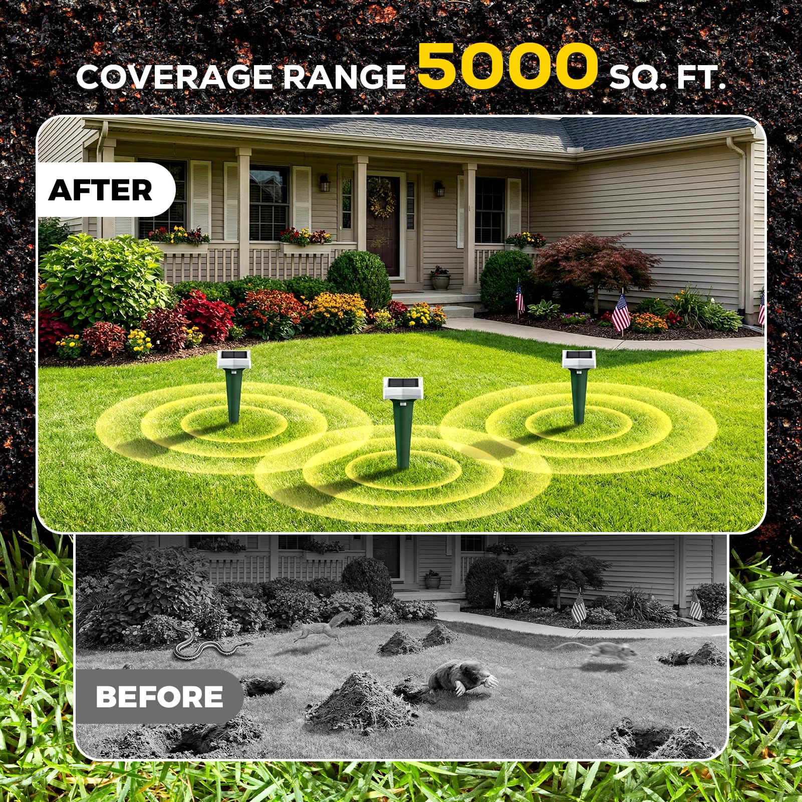 Anti Taupe Solaire avec LED et 3 Modes, 2/4 pièce Piege A Taupe pour Jardin, Large portée et Protection Contre l'eau Repulsifs Ultrasons pour Taupes, Rats, Serpents