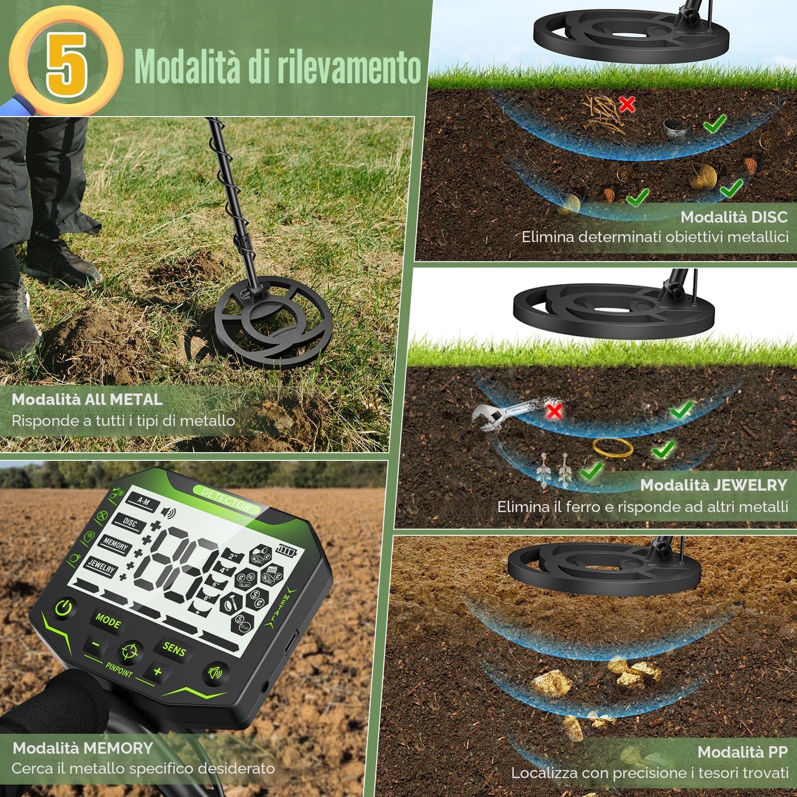 Metal Detector professionale per adulti e bambini, chip anti-interferenza, IP68, impermeabile, supporta batteria e alimentazione USB, 5 modalità di rilevazione (Verde)