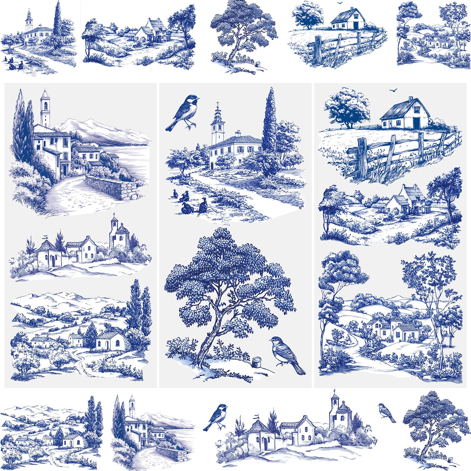 WANDIC 3 Sheets Rub On Transfer Stickers, Blue Outdoor Scenery Waterproof Decals Furniture Craft Decorative for DIY Scrapbooking Photo Albums,15 * 30cm