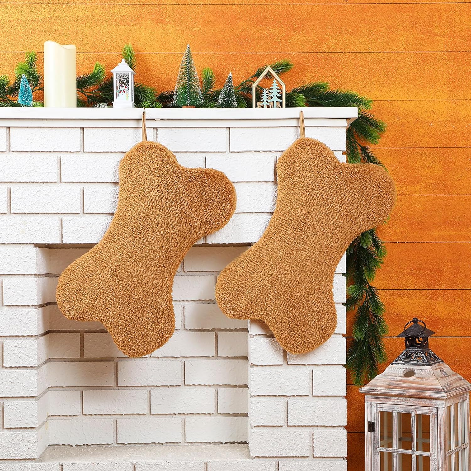 2 pcs dog christmas stockings natural faux fur sherpa bone shaped fireplace hanging christmas puppy stockings 18.5 inch large xmas pet stocking gift for dog lovers holiday decor(brown)