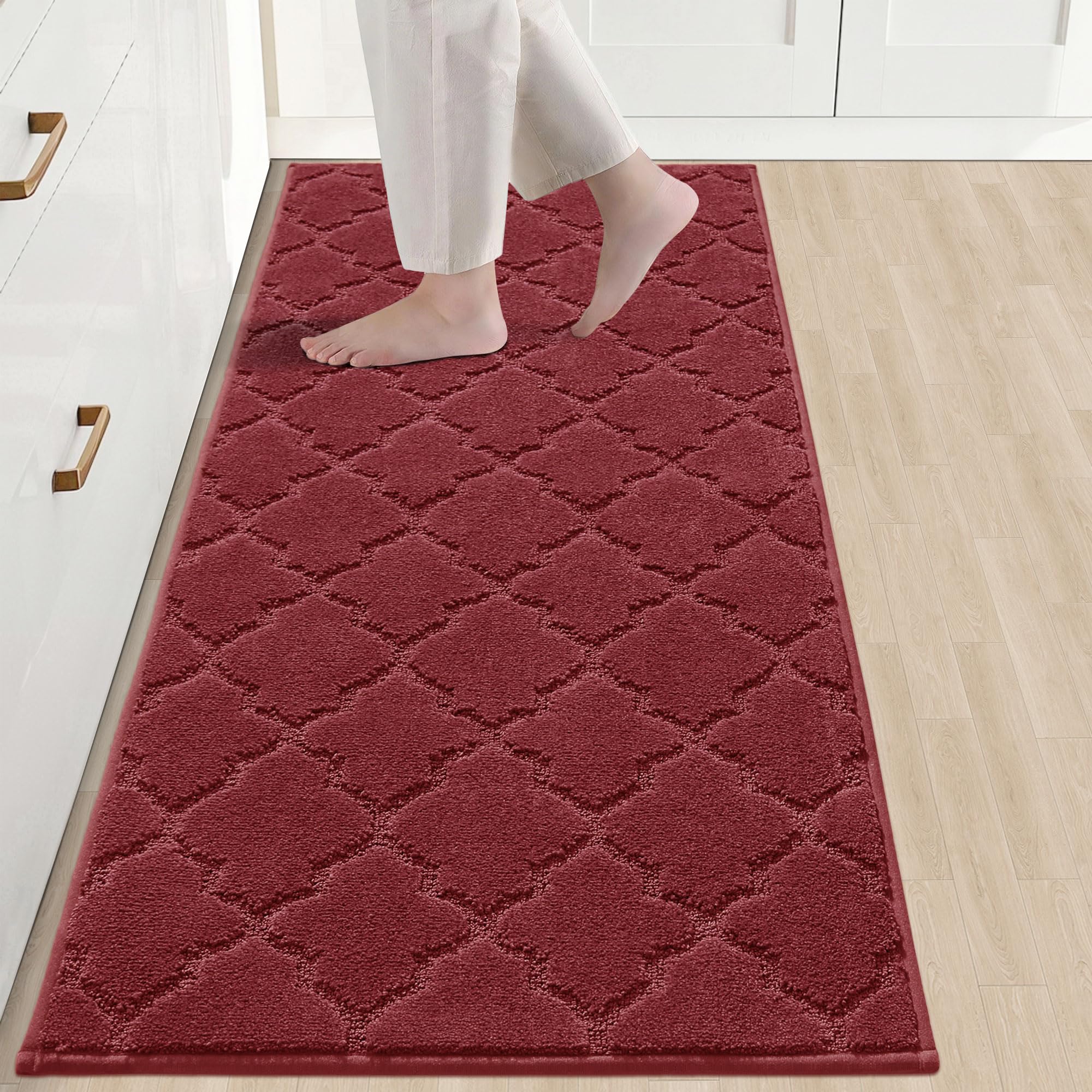 Alfombra de cocina COSY HOMEER lavable y antideslizante de poliéster rojo en 24x60"