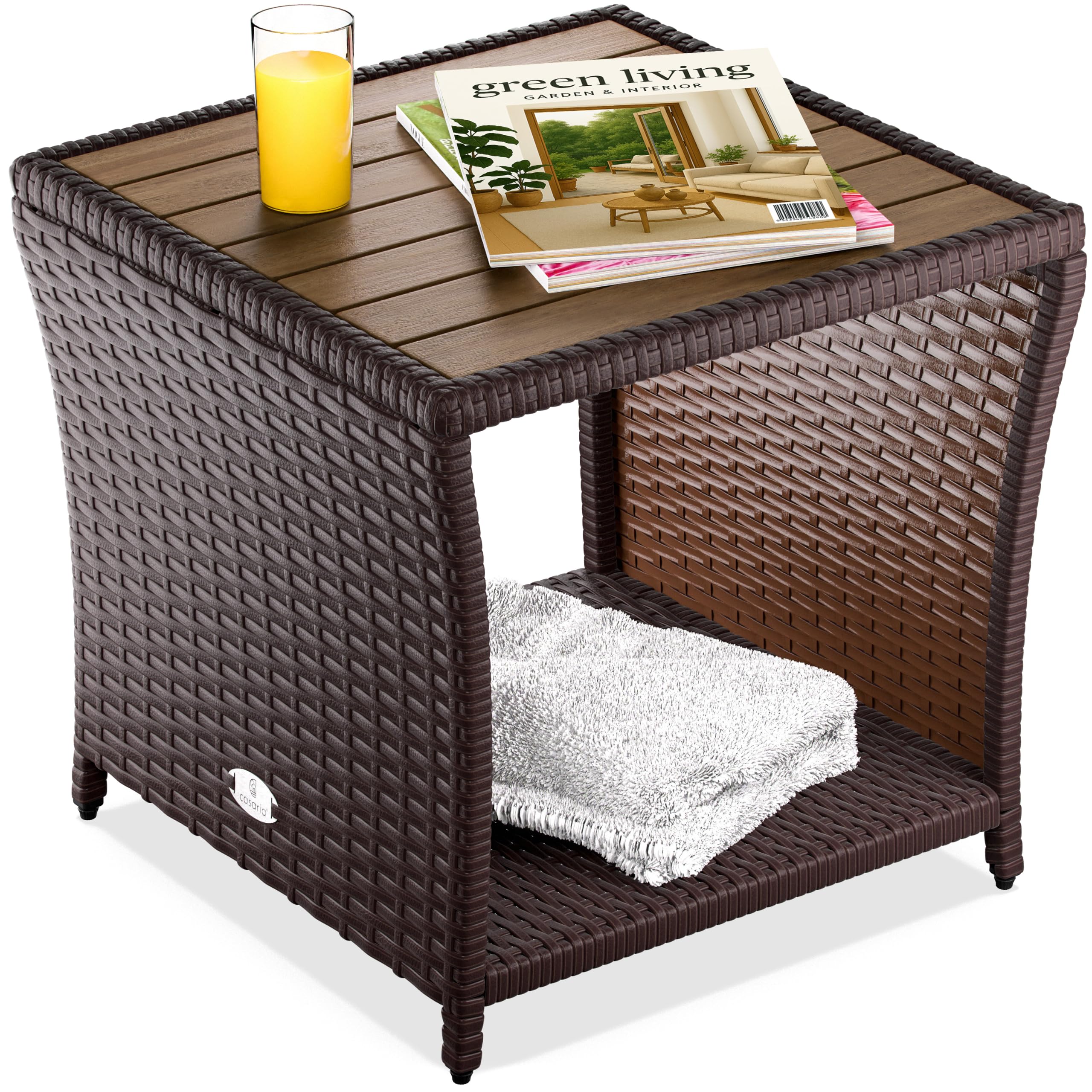 CASARIA® Weatherproof Polyrattan Garden Side Table with Acacia Wood Tabletop | Powder Coated Steel Frame 45x45x40cm 80kg Load Capacity | Indoor Outdoor Balcony Patio Furniture | brown