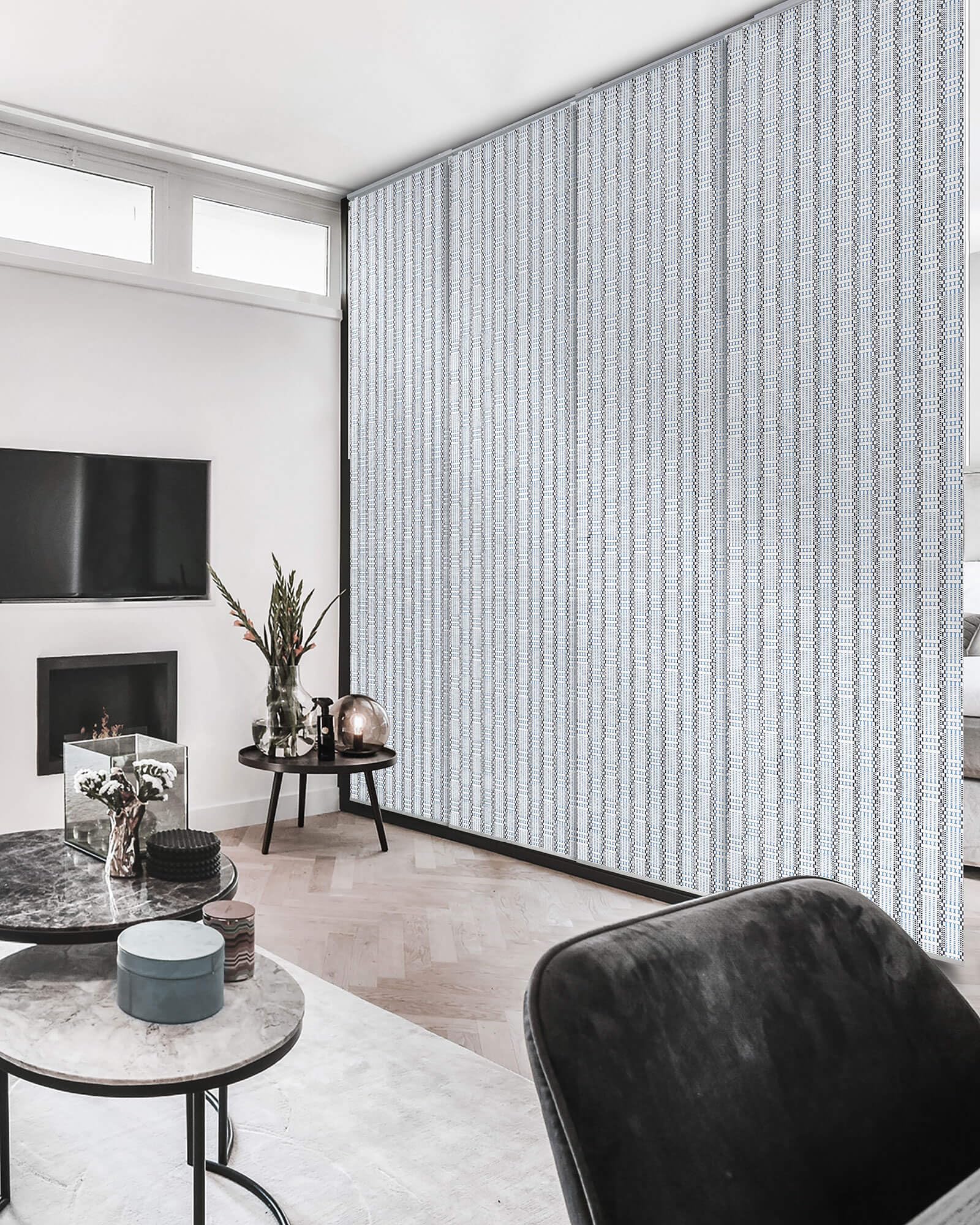 GoDear Design Sliding Vertical Blinds 116-218 cm W x Up to 243 cm H, Extendable Rail Track Blinds for Bedroom, Covering Wardrobe Alcoves or Room Dividers, Mykonos