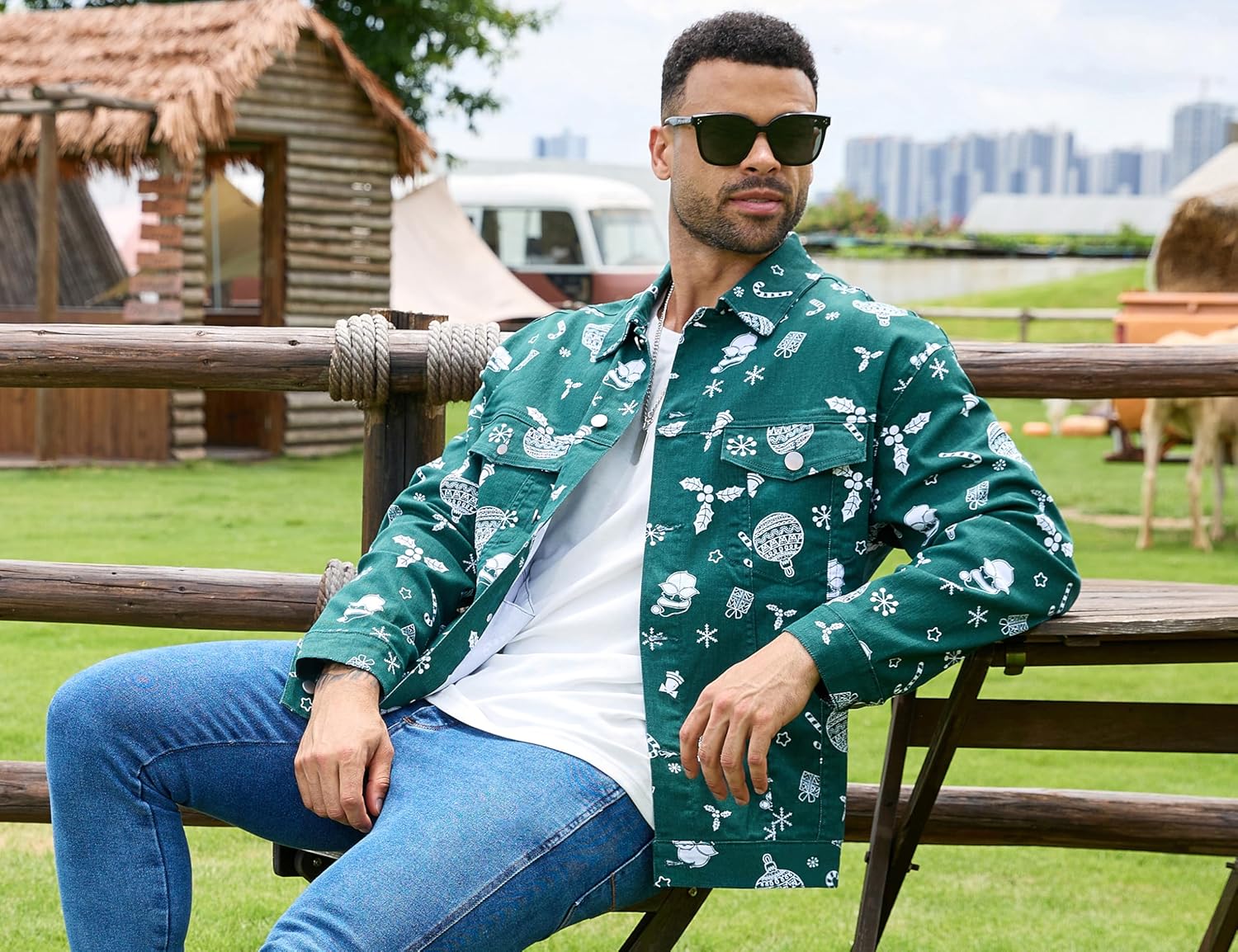 Bindefon Christmas Jean Jacket Men Trucker Unlined Coats Xmas Printed Tops Stocking Stuffers for Man - Image 6