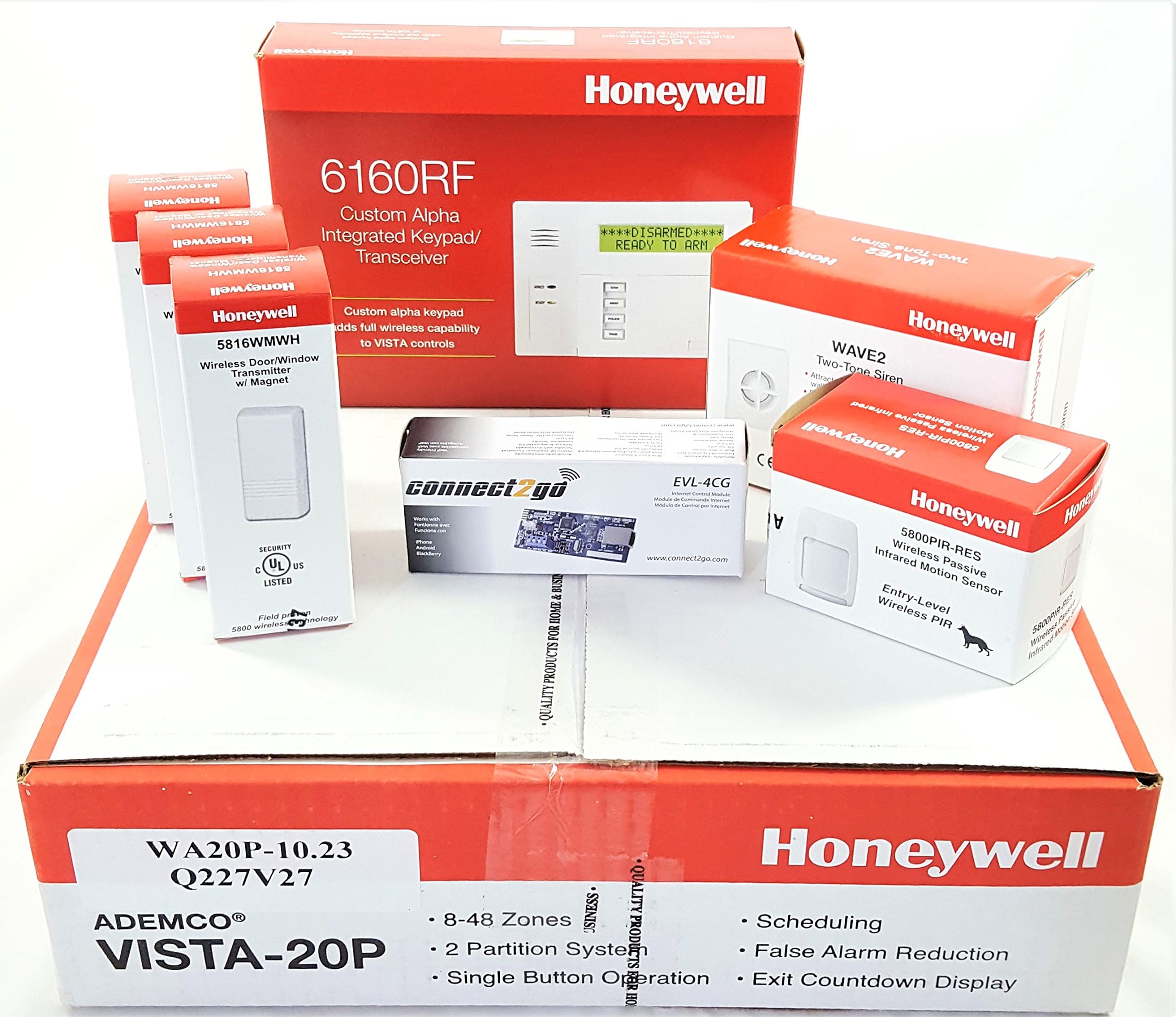 Honeywell Vista 20P Wireless Self Monitoring Kit with a 6160RF Keypad, One 5800PIR-Res Motion Sensor, One EVL-4EZ EnvisaLink, Three 5816WMWH Door/Window Contacts, and a WAVE2 Siren