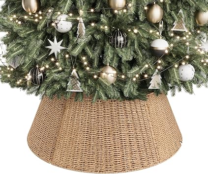 ELYKEN 28 Inch Christmas Tree Collar, Paper Rope Woven Xmas Tree Skirt for Artificial Trees, Rustic Farmhouse Basket for Tree Base Cover with Cord Cut-Out for Pencil Silm Trees Xmas Holiday Decor