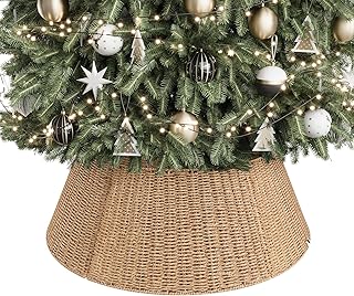 ELYKEN 28 Inch Christmas Tree Collar, Paper Rope Woven Xmas Tree Skirt for Artificial Trees, Rustic Farmhouse Basket for Tree Base Cover with Cord Cut-Out for Pencil Silm Trees Xmas Holiday Decor