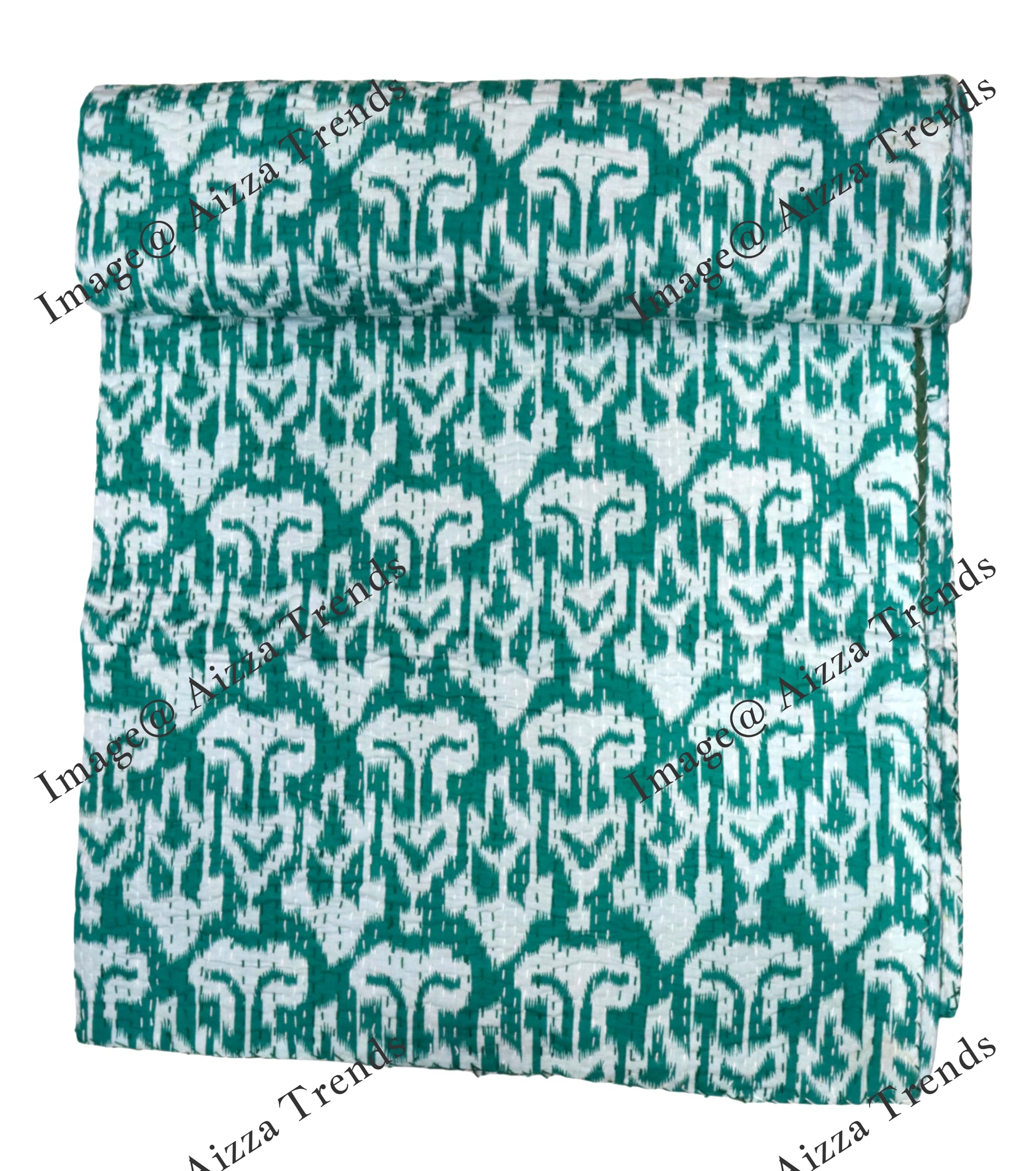 Manta de cama Kantha Gudri edredón algodón Ikat zigzag 90x108 pulgadas