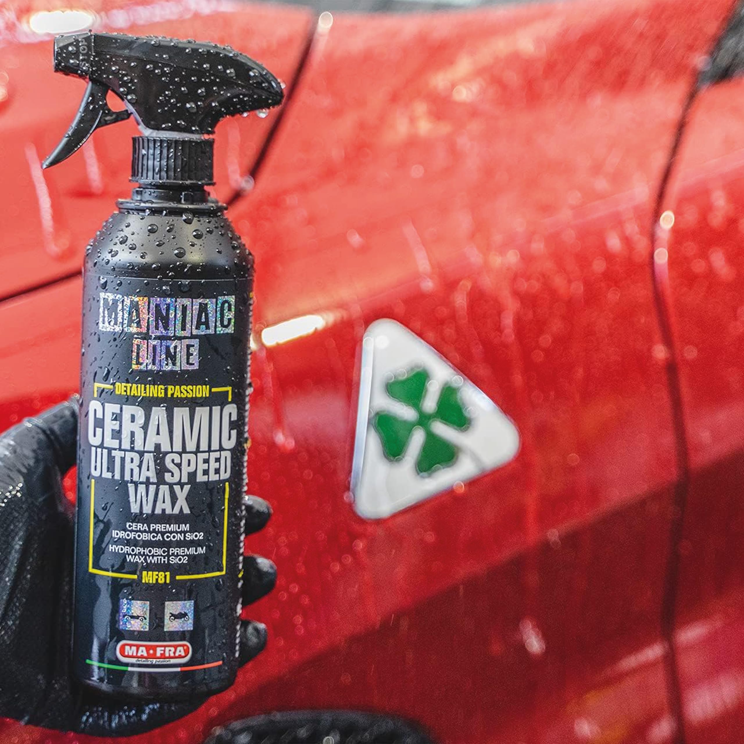 Ma-Fra, Maniac Car Detailing Line,Formato 1L, Ceramic Ultra Speed Wax, Cera Premium Spray Sigillante Idrofobica con Polimeri Ceramici SiO2 per Carrozzeria Auto, Crea Scudo Protettivo Autopulente