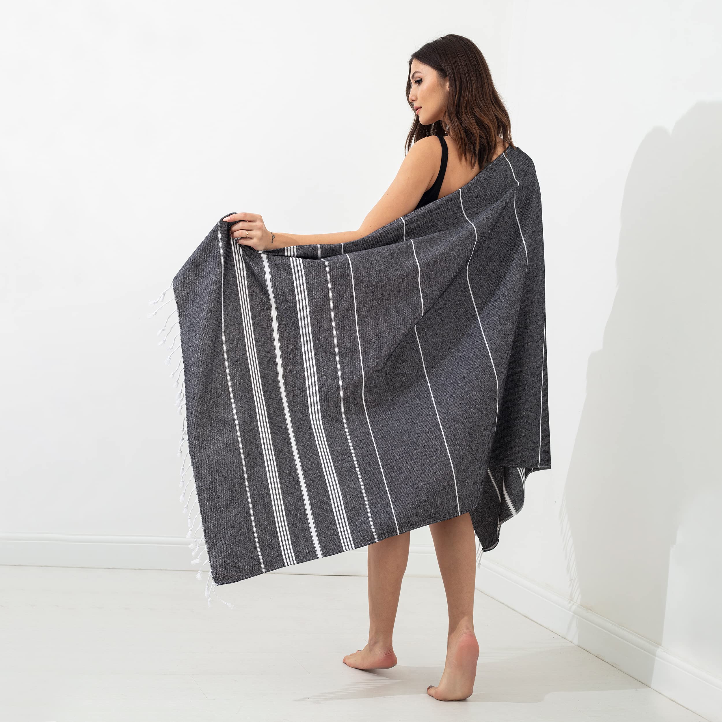 Lot de 2 grandes serviettes de plage turques pour camping, natation, salle de sport, séchage rapide, absorbantes, légères en coton, 90 x 180 cm, pour adultes (noir)