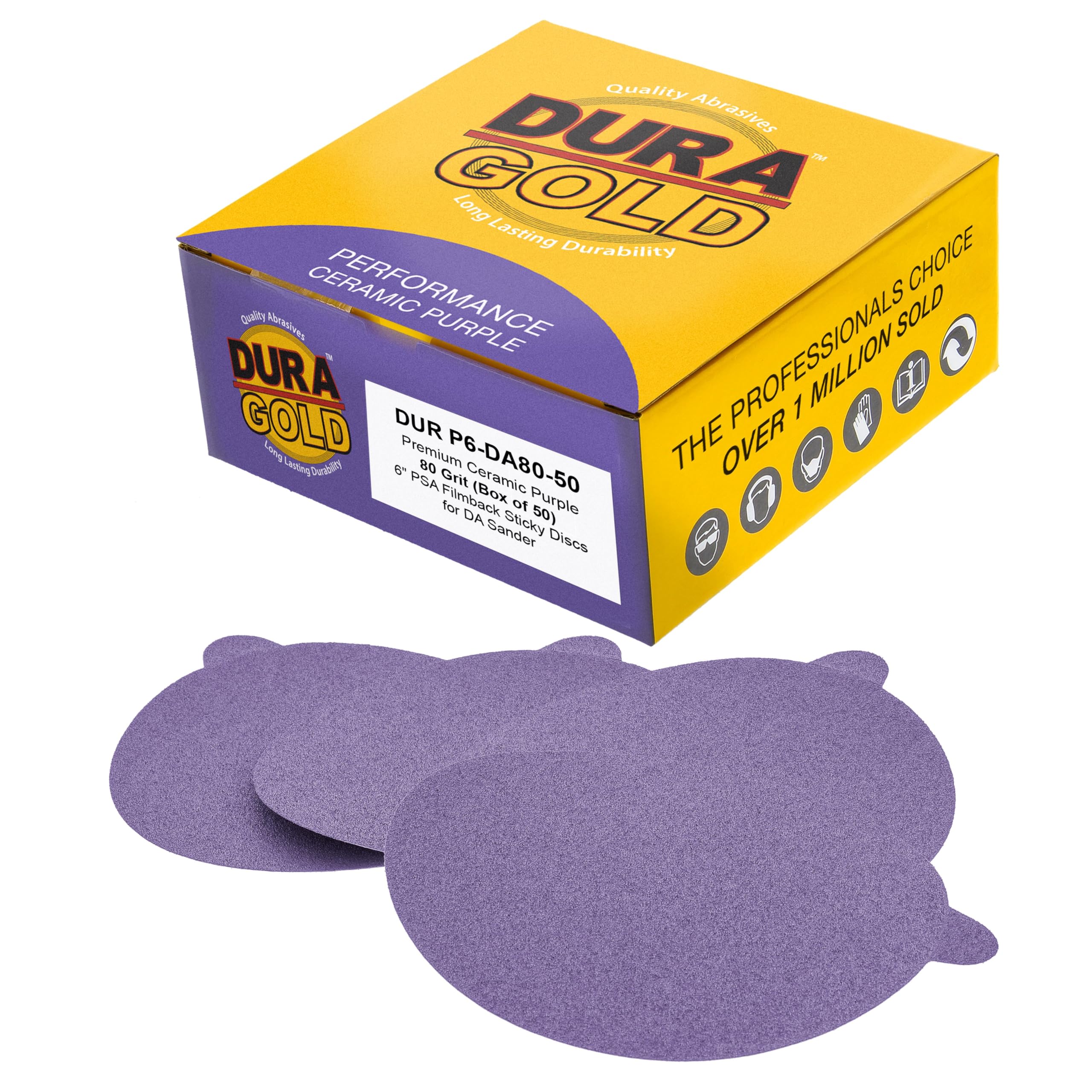 Dura-Gold Premium 80 Grit 6" PSA Purple Film Ceramic Sanding Discs, Box of 50 - Self Adhesive Stickyback Sandpaper for DA & Random Orbital Sanders -