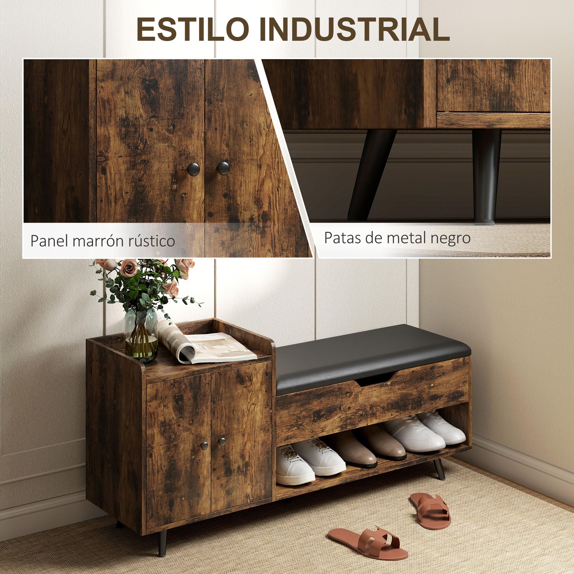 HOMCOM Banco Zapatero, Banco Recibidor Industrial, con Asiento Acolchado, Compartimento Oculto, Estantes, Puertas, Estante Abierto para 3 Pares de Zapatos, para Entrada, 127x35x59 cm, Marrón Rústico