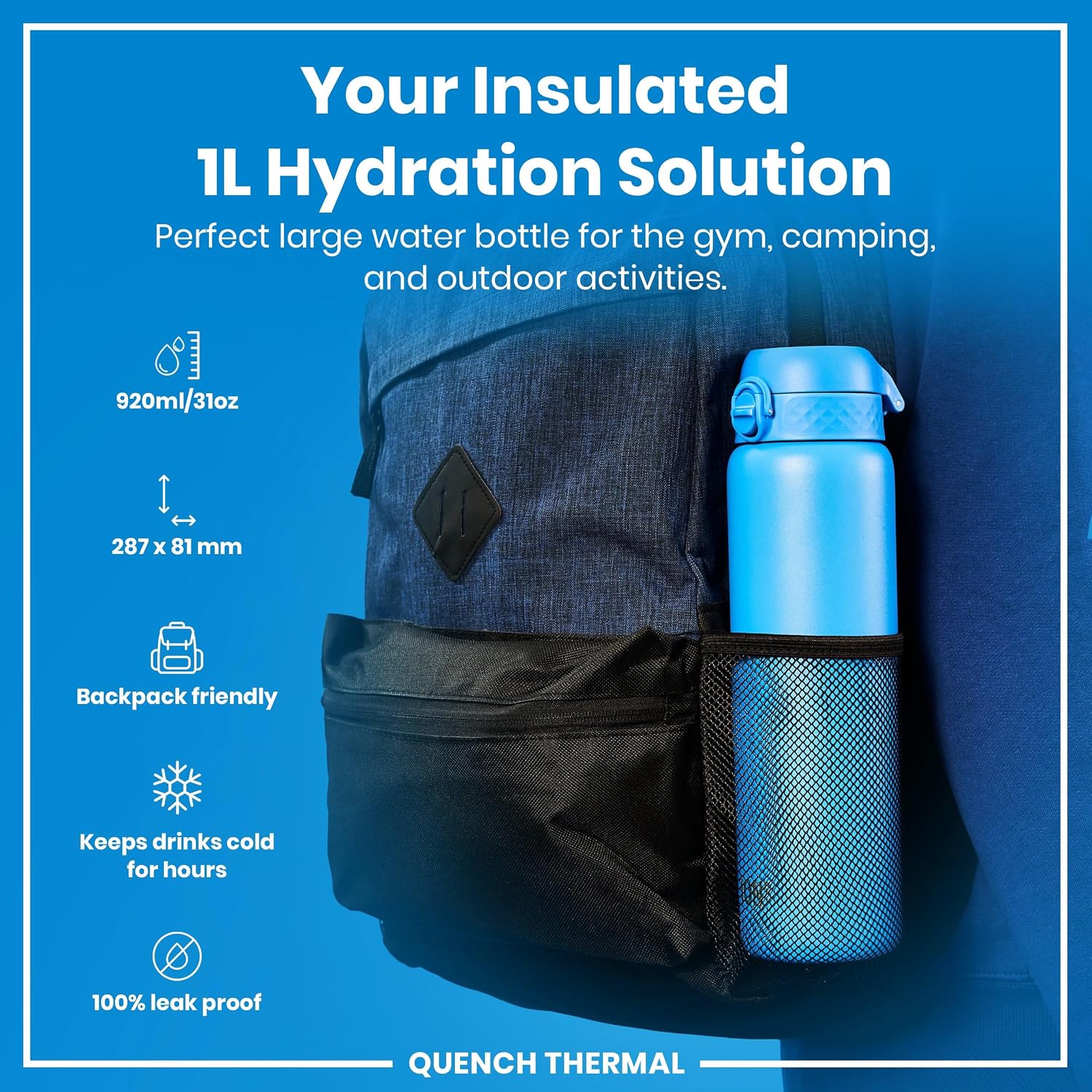 Ion8 Vacuum Insulated Stainless Steel 1 Litre Water Bottle, 920 ml/31 oz, Leak Proof, Easy to Open, Secure Lock, Dishwasher Safe, Carry Handle, Scratch Resistant, Ideal for Sports and Yoga, Blue