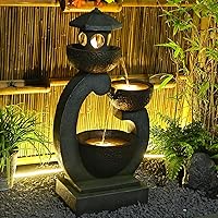 Tankana Outdoor Zen Pagoda Water Fountain with LED Lights & Pump - 35.5" Tiered Waterfall for Garden Patio Yard, Gray