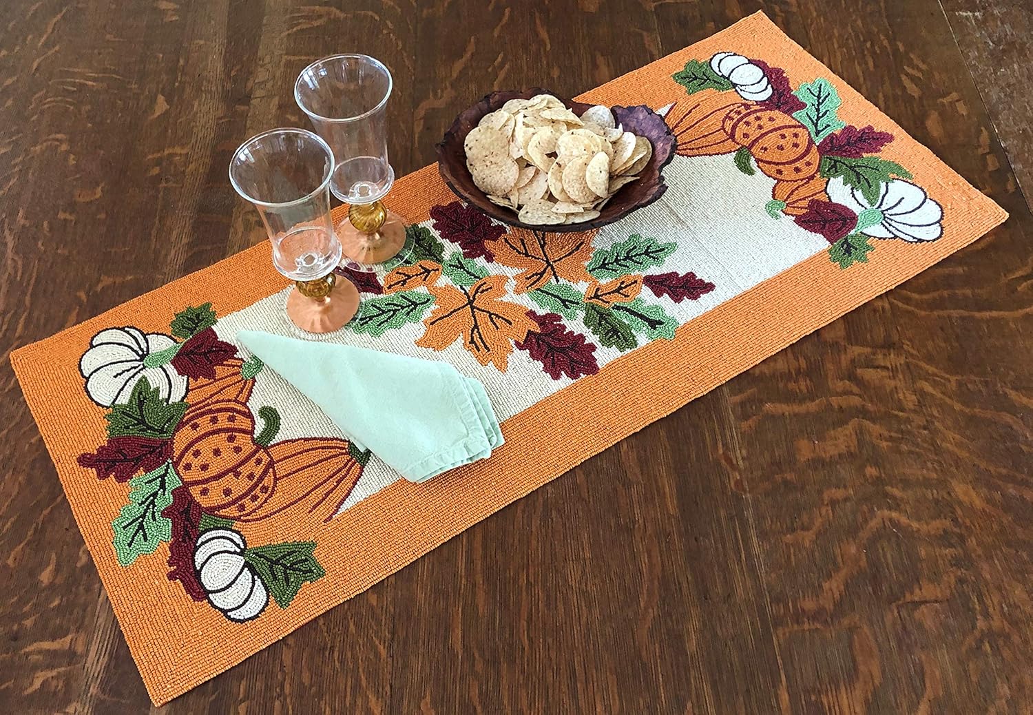 Beaded Harvest Fruit Table Runner - Fall Décor Perfect for Tabletop and Kitchen Décor - 15 x 36 - Unique and Pretty - Fall Decorations - Pumpkins and Fall Leaves - Harvest Home