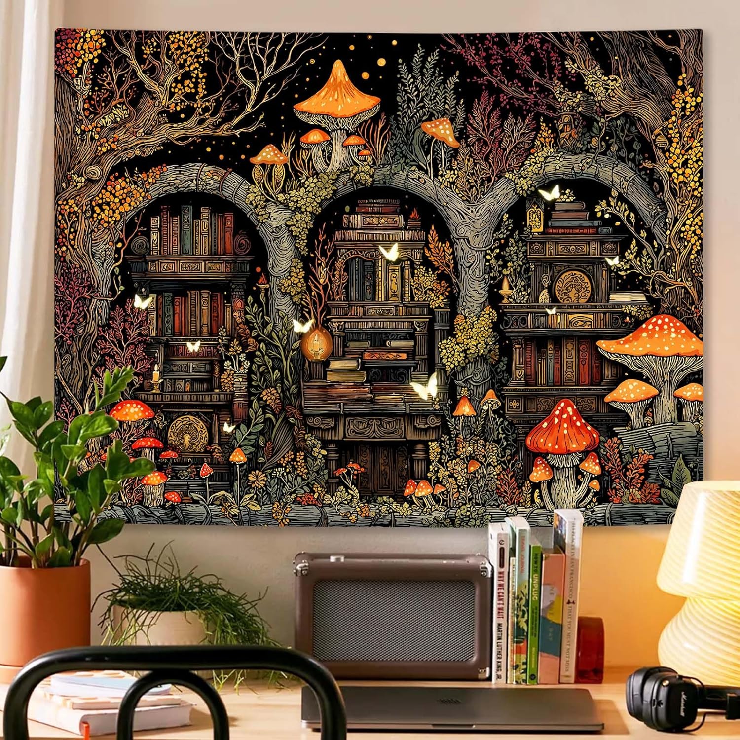 Yeoiat Tapestry Autumn Enchanted Library Tapestries Mushroom Bookshelf Wall Hanging Magical Forest Folk Art Decor Bedroom Dormitory 80"x60"