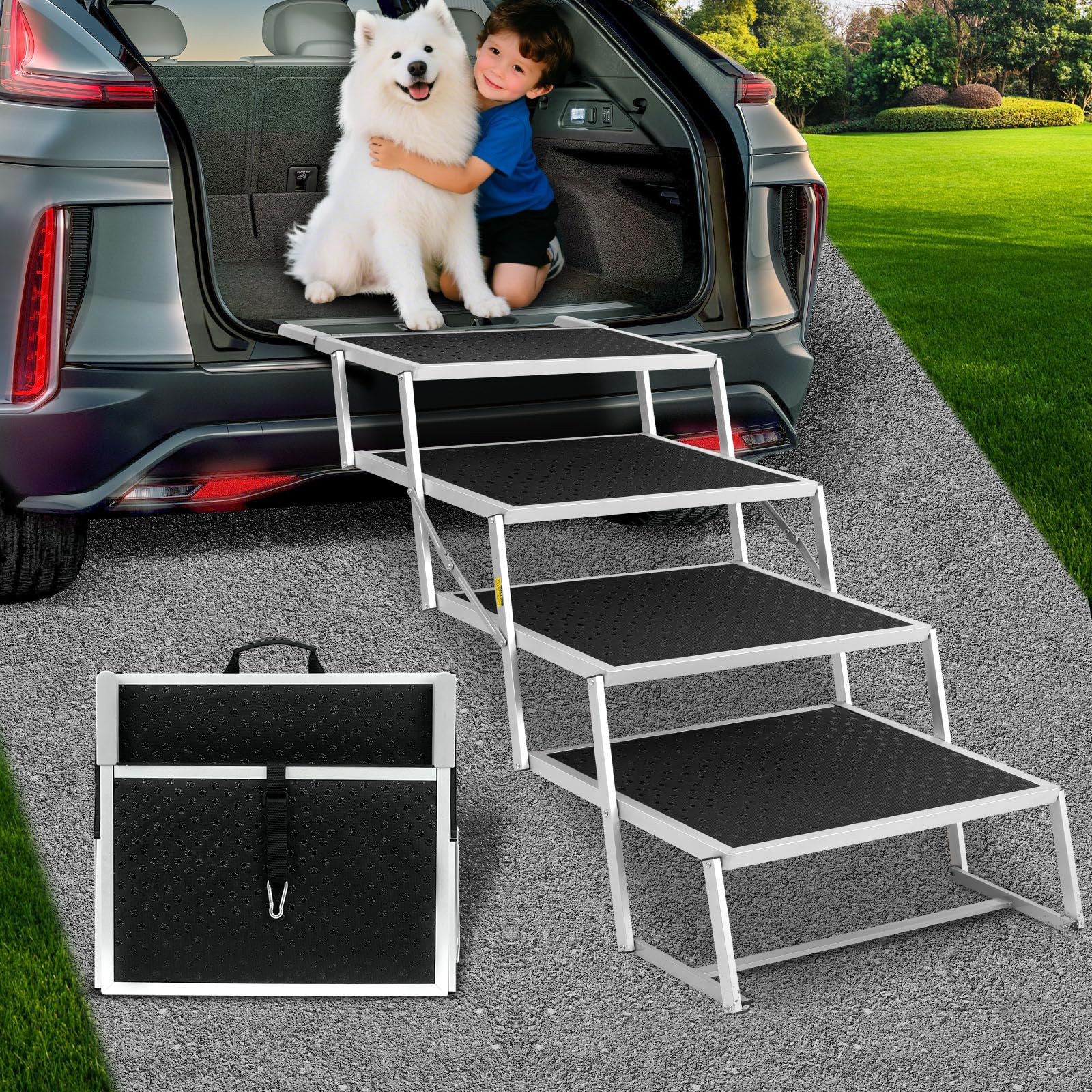 Extra Wide Dog Stairs for Large Dogs, Foldable Dog Ramp for Car with Non Slip Surface, Portable Pet Steps for Cars, SUV, High Beds, Trucks, Supports up to 200 lbs (for The Trunk of The Car Only)