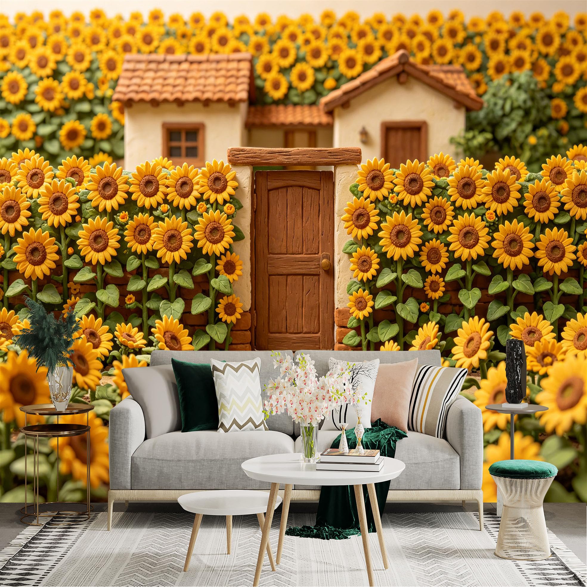 Lnzczhyre Dbh260521726 Custom Size Wall Sticker Mural， Rustic Country House With Vibrant Sunflower Garden， Stone Path And Wooden Gate， For Wall Decoration， Peelandstick Wall Decals.