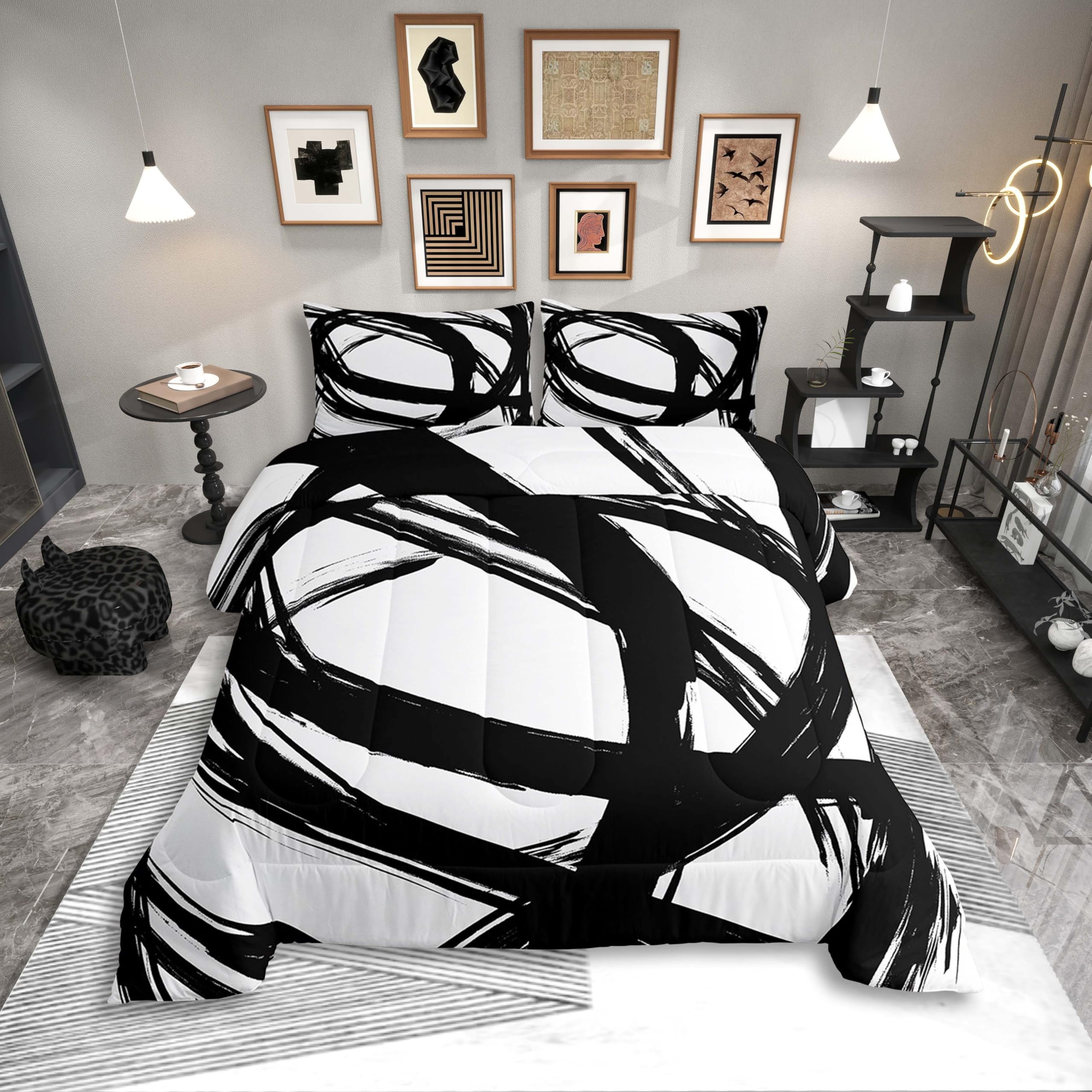 Erosebridal Black and White Abstarct Queen Comforter Set for Adult Women Men, Geometric Striped Bedding Set for Minimalists,Graffiti Aesthetic Lines
