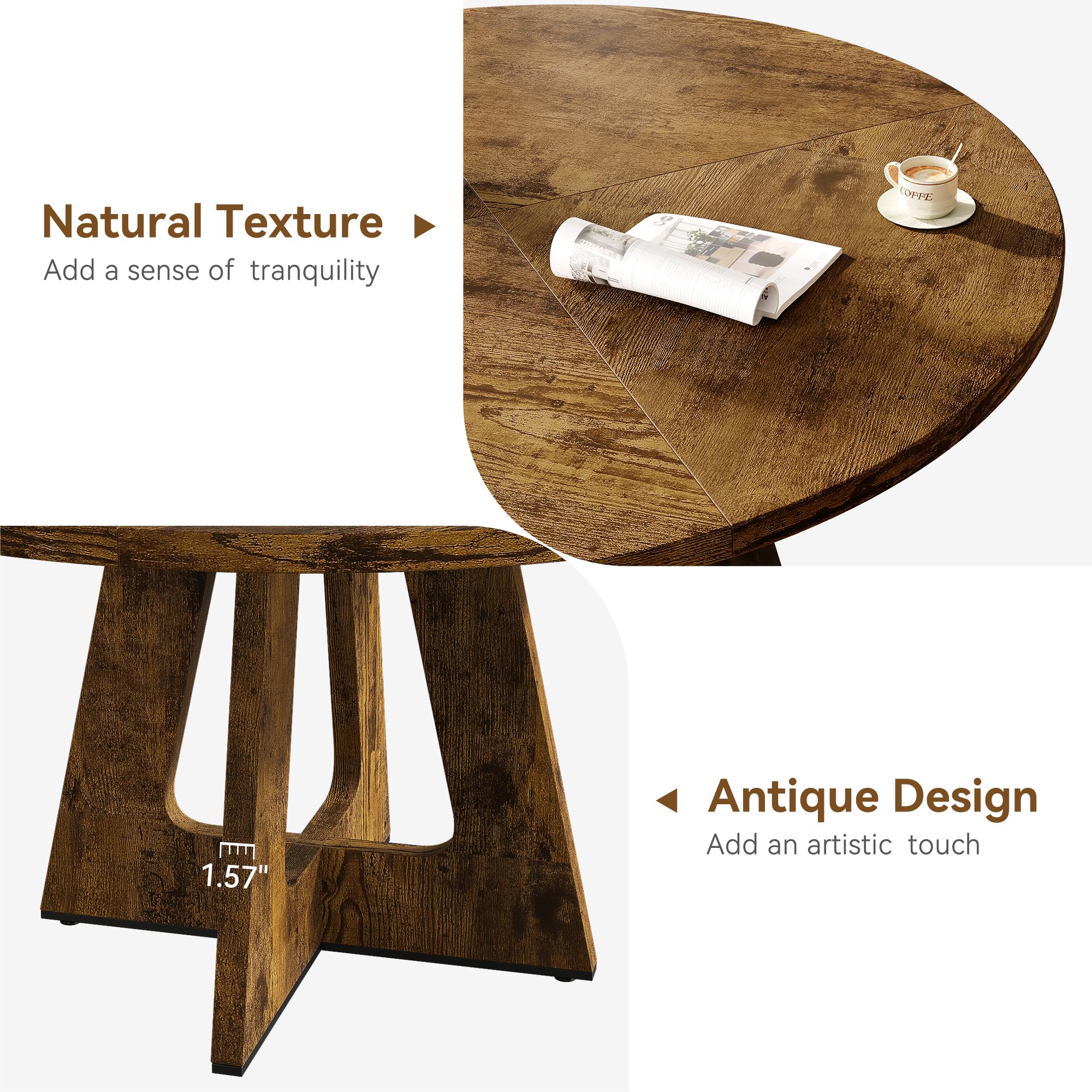 Großer runder Esstisch 120 cm aus Massivholz – rustikaler Landhausstil – platzsparendes, stabiles Design – für 4–6 Personen – für Esszimmer oder Wohnzimmer – ohne Stühle – Vintage-Farbe