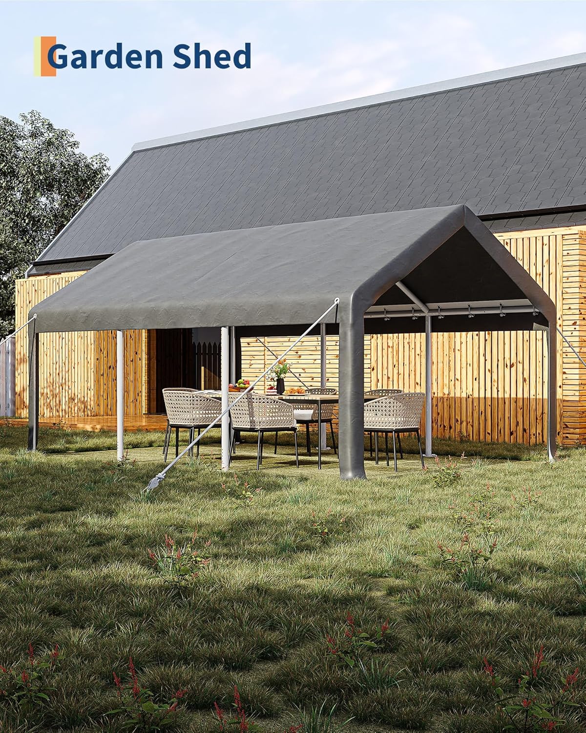 10 x 20ft Carport, Portable Carport with Roll-Up Windows & Removable Sidewalls & Doors Thickened Wind Ropes, Ground Nails, Portable Garage for Cars, Trucks, Boats, 200G Durable Tarp Cover,Grey