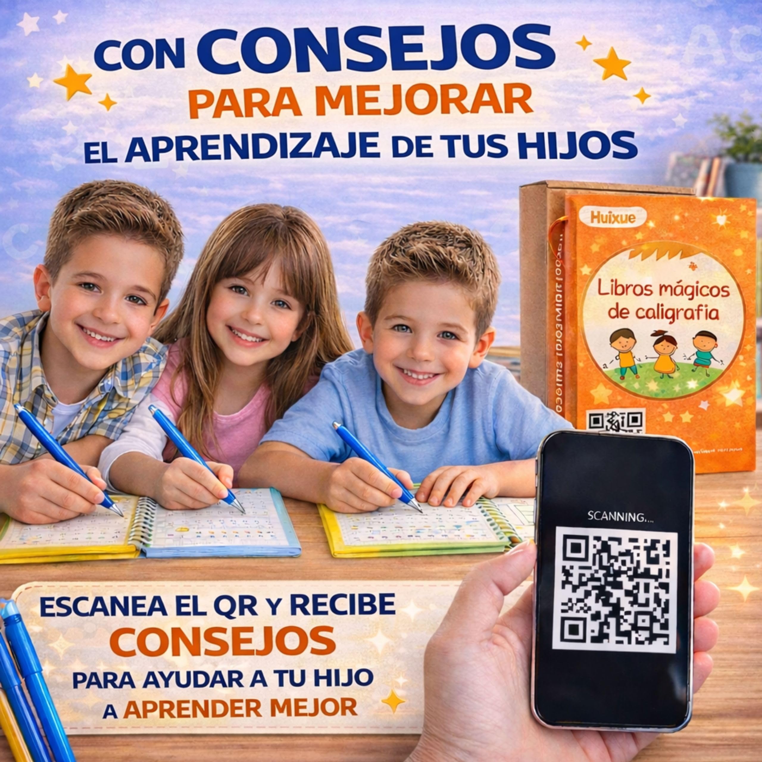 Caligrafia Niños de 4 hasta 8 Años - Cuaderno Caligrafia Infantil Aprender a Escribir y Dibujar - 5 Libros Magicos de Escritura Trazado de Lineas -Incluye Boligrafos Magicos, 20 Recambios y un Estuche