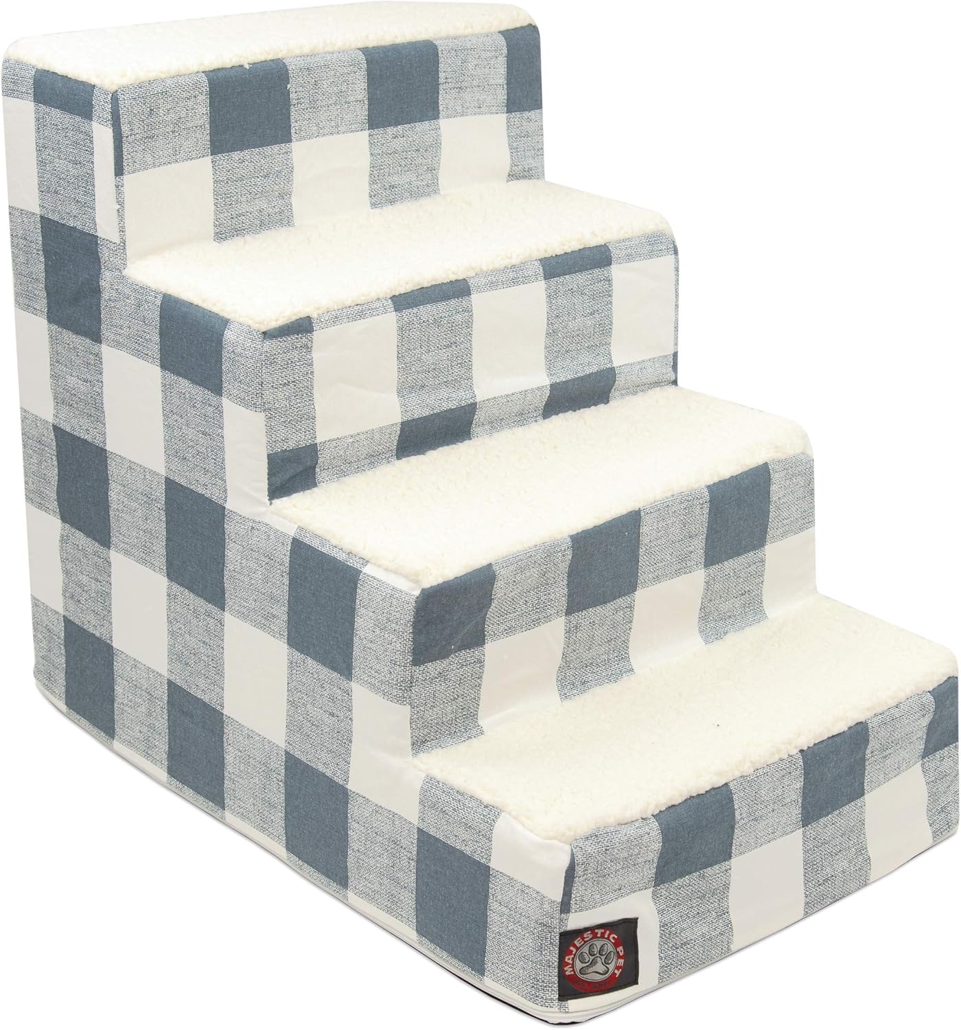 Majestic Pet 4 Step Portable Dog Stairs for Small Dogs to get on Bed Supports 25 lbs or Less Dog Steps for High Bed with Machine Washable Cover Pet Stairs for Cats Anderson Check Gunmetal Blue 4 Step Anderson Check Gunmetal Blue