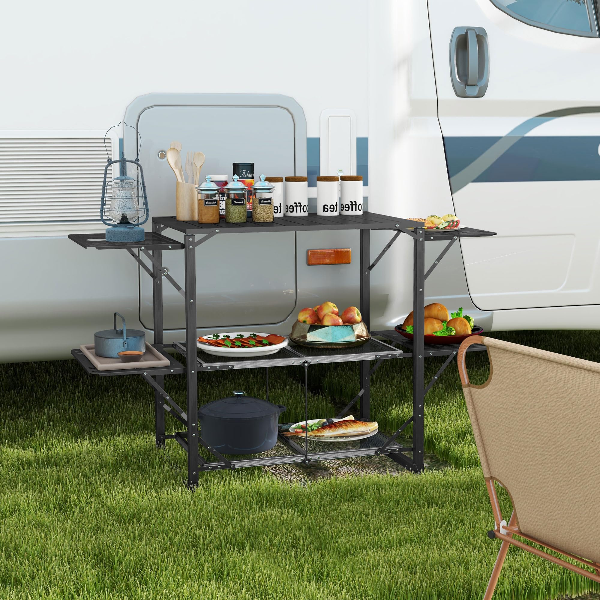 Outsunny Cuisine de Camping Table de Camping Pliante en Acier et Aluminium, avec Sac de Transport, 2 tablettes rabattables, 2 étagères et Porte-gobelets, dim. 126L x 46l x 81H cm