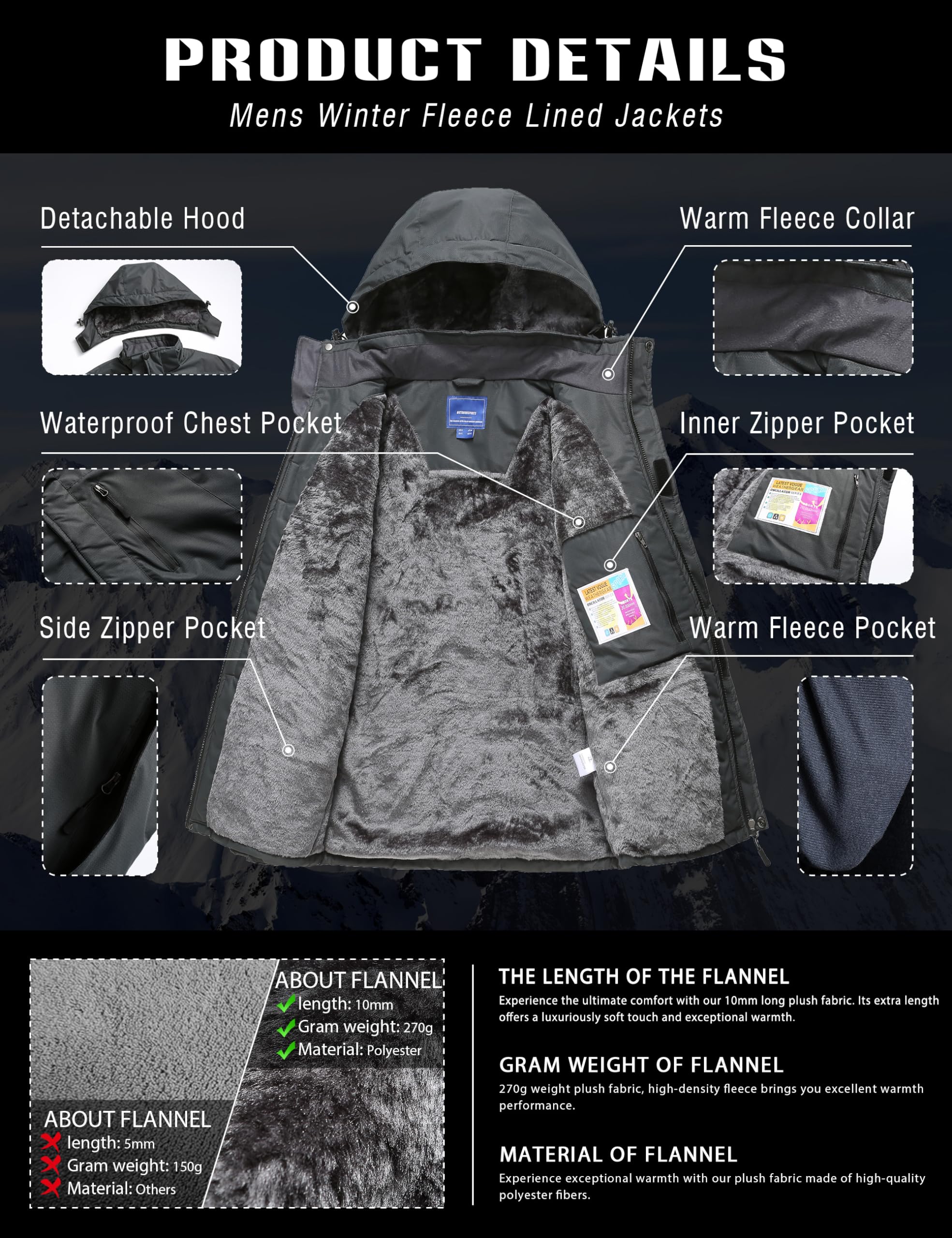 Zzkouine Impermeabile Giacca Da Montagna In Pile Da Uomo Giacca Da Sci Calda Multi-Tasche Adatto Per Sport Invernali E Attività Outdoor In Montagna Antivento Impermeabile E Traspirante