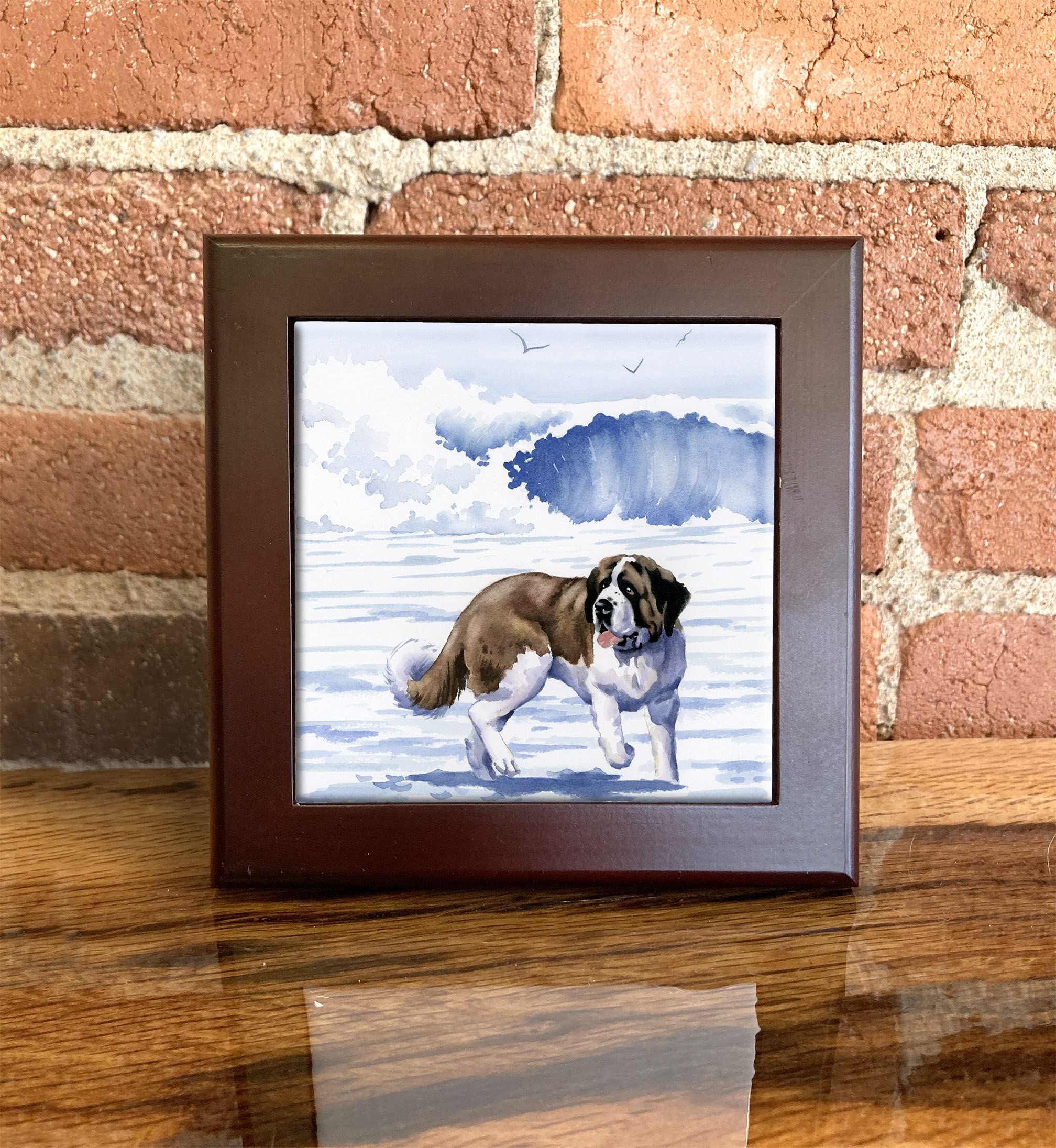 Saint Bernard at The Beach Watercolor Dog Art Decorative Tile (6 X 6 Framed)