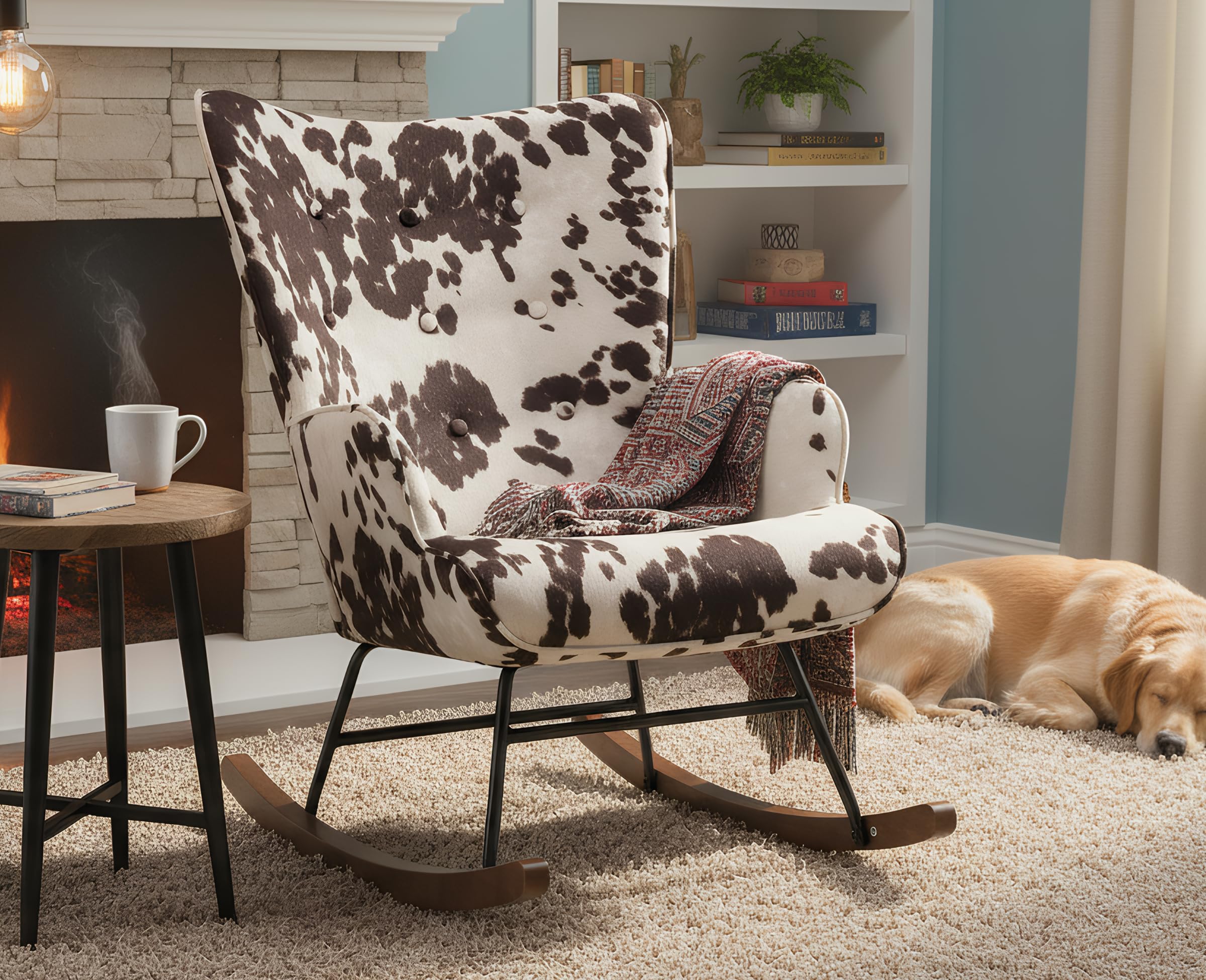 EALSON Nursery Rocking Chair Fabric Upholstered Rocker Chair Tufted Wingback Accent Chair with Wooden Base Modern Comfy Lounge Armchair for Bedroom