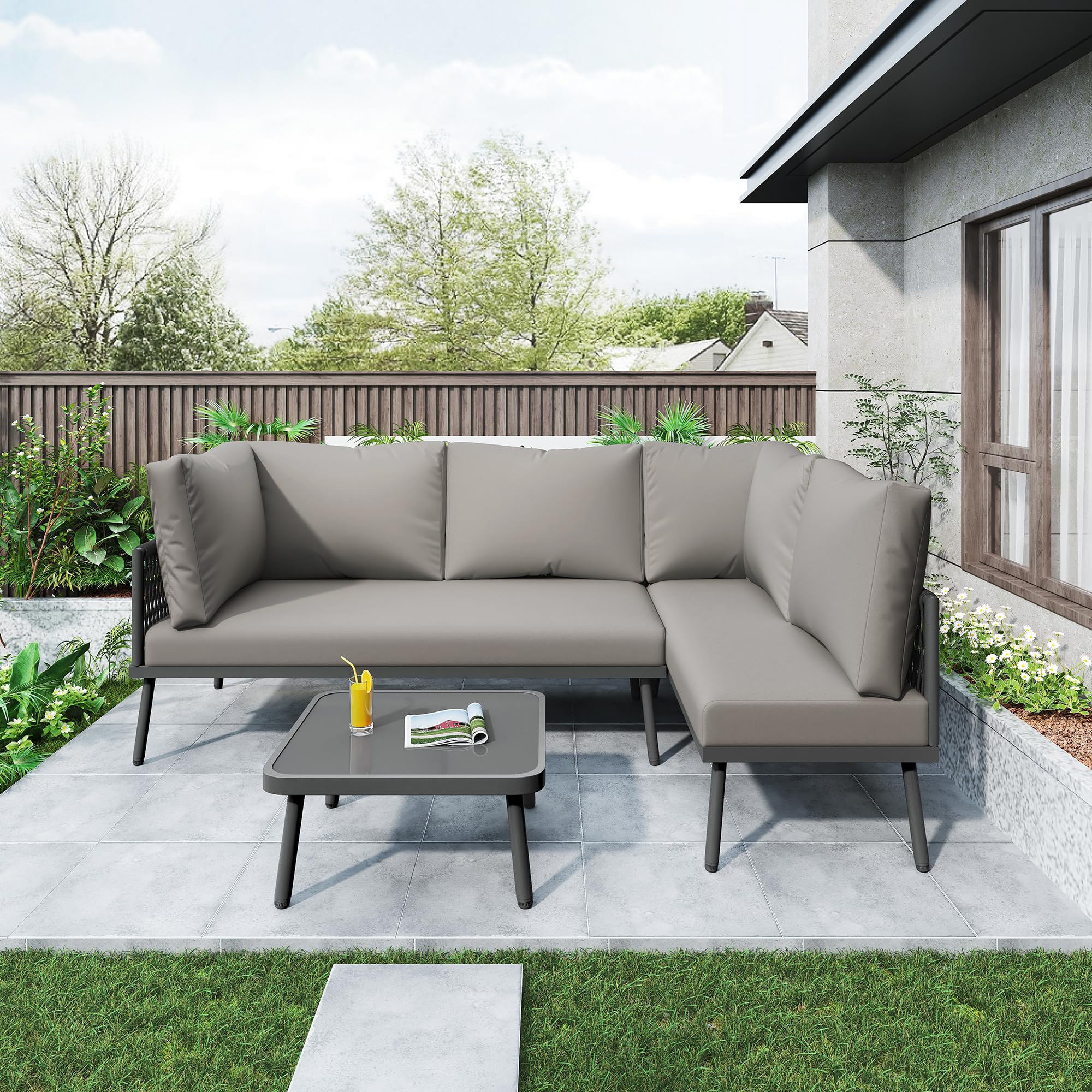 Idemon Set di mobili da giardino in ferro, mobili da giardino a forma di L, set salotto da giardino con cuscino, piedini regolabili, 2 divani e 1 tavolo (grigio), HW24007