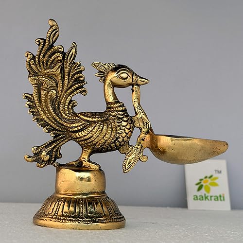 Miniatura 5 de Aakrati Table Diya - Lámpara de aceite de pavo real, metal blanco con acabado antiguo, adoración Deepak de oración, 5 pulgadas, 20.81 oz de peso