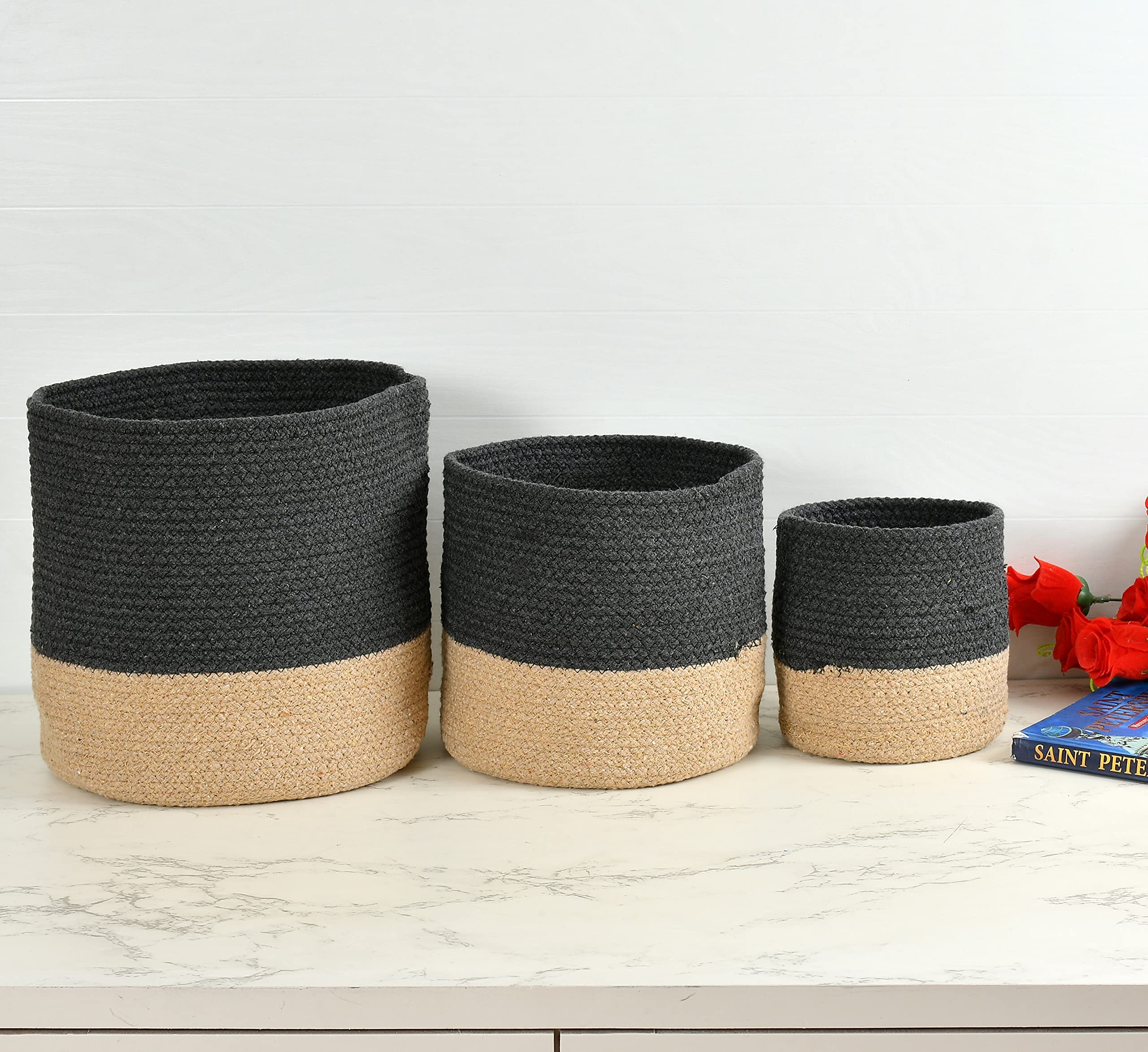 LaVichitra Braided Cotton Baskets | Storage Bins Organizer | Laundry, Toys & Planter Basket- Set of 3 (6,8,10 Inch), Dark Grey