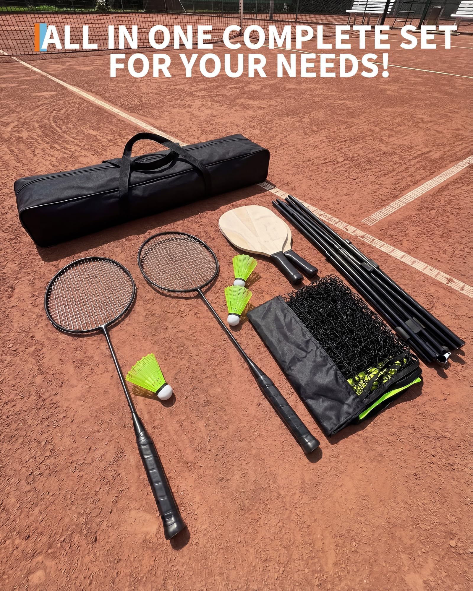 Red de bádminton y pickleball 510x102x155 cm, red portátil ajustable en altura 107-155 cm, kit completo con raquetas para jardín, playa, juegos en familia y al aire libre