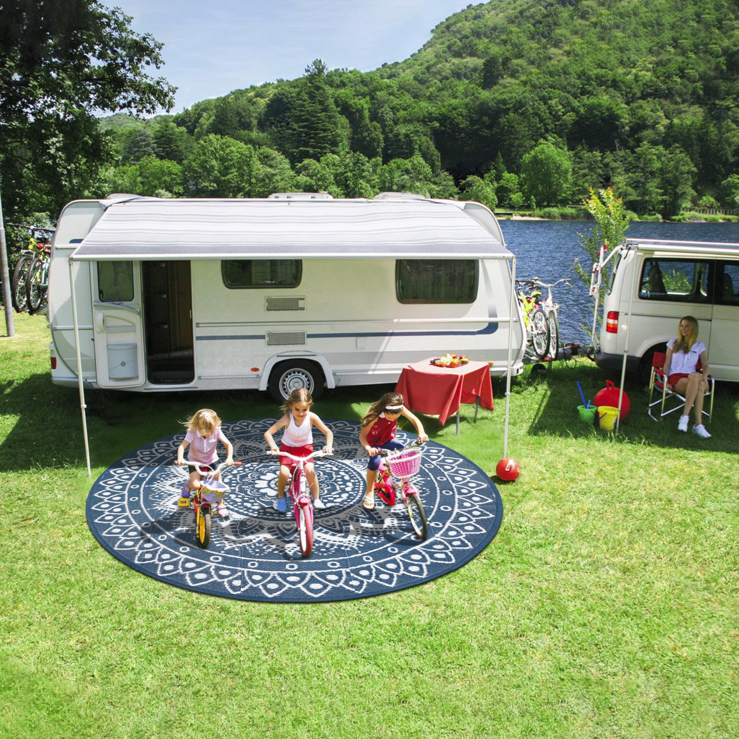 Tapis d'extérieur Rond pour terrasse 240cm réversible imperméable et Pliable bohème pour Camping-carTapis de Pique-Nique et de Camping pour RV, Balcon, Plage, terrasse, Bleu/Blanc