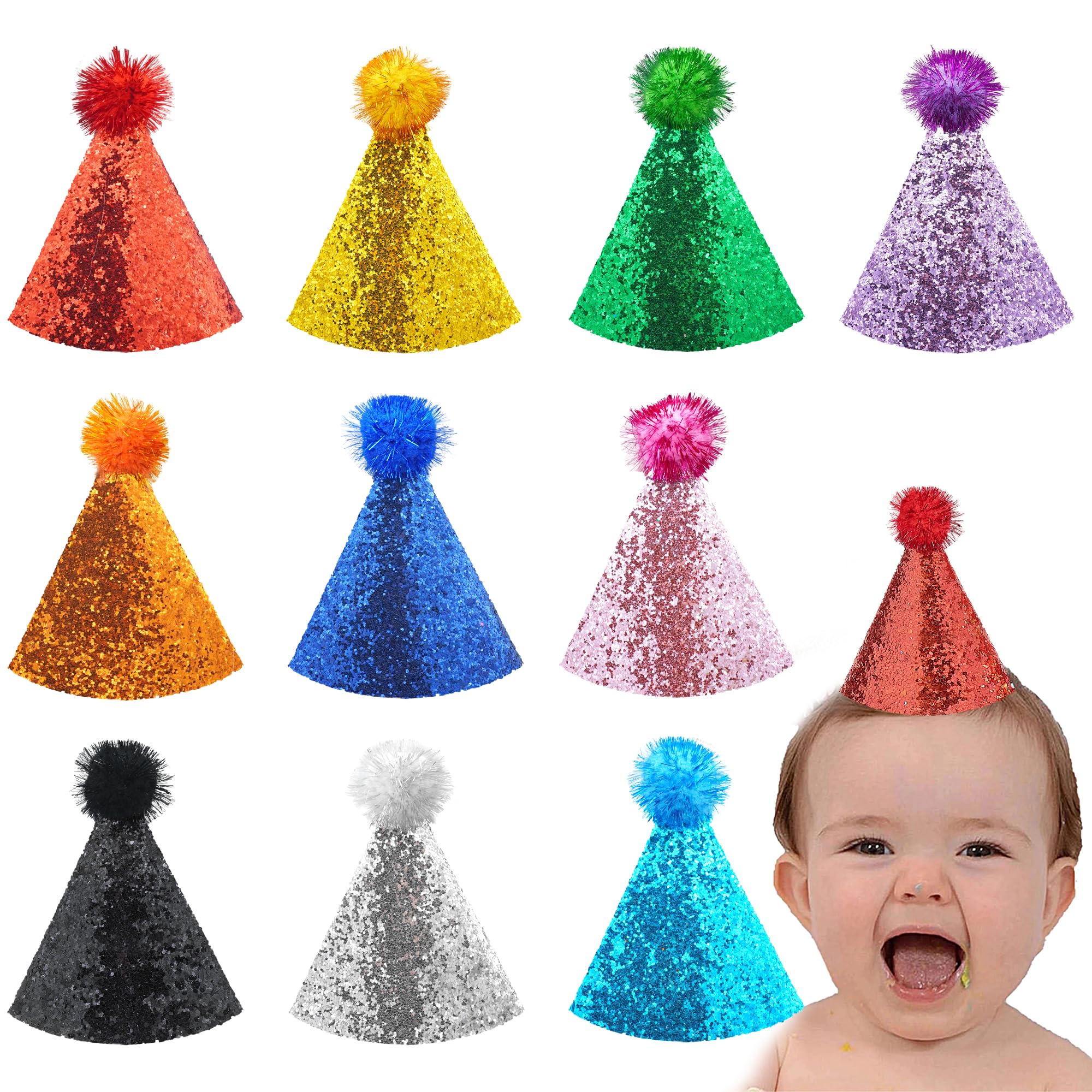 10 or 20 Pcs Kids Party Hats Birthday Party Hats with Pom Poms Glitter Cone Hat for Adults Stuffed Animals Toys