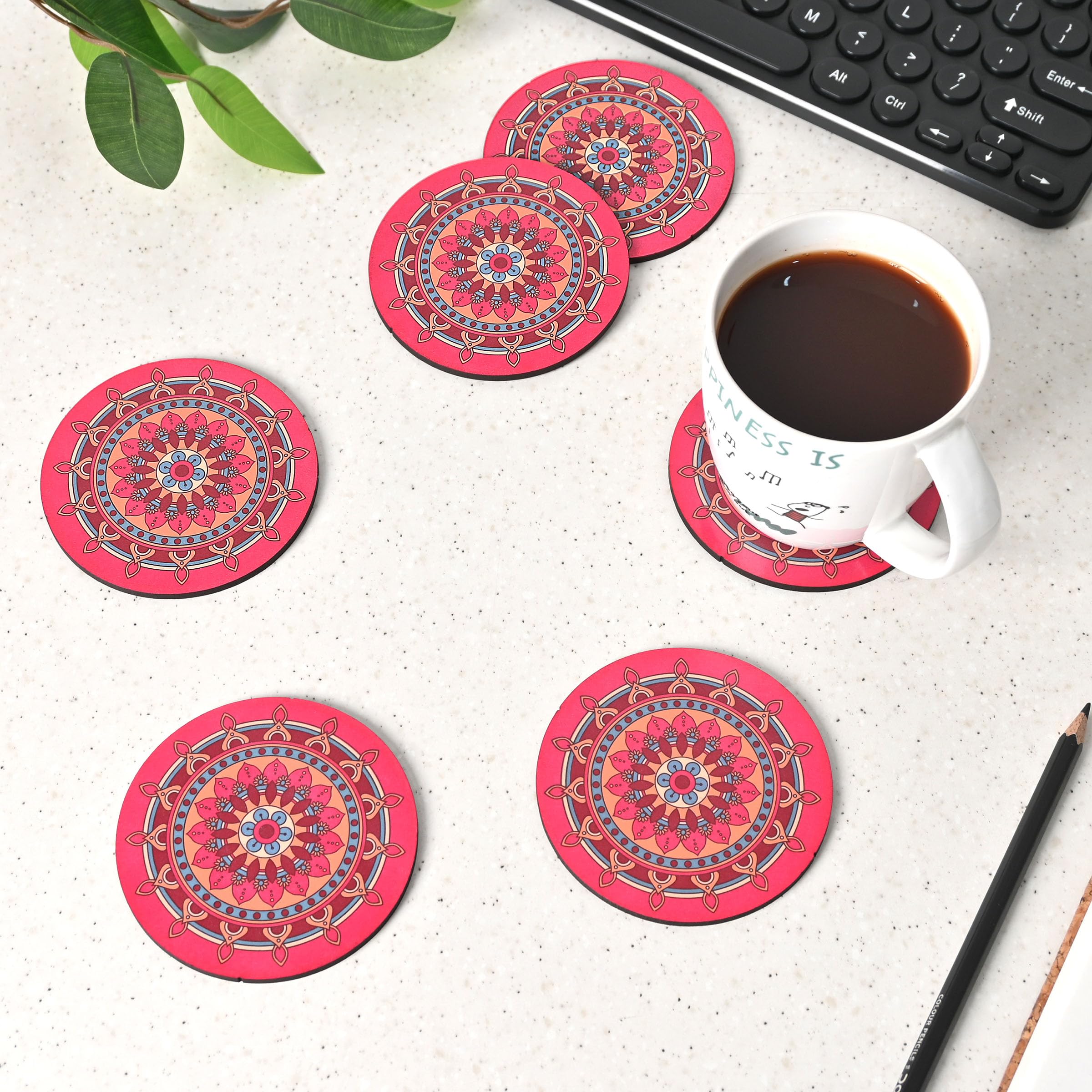 Gift Kya DeGkd Coaster Set Of 6 Beautiful Wooden Coasters With Proper Coaster Stand Designer Coaster Set Fit For Tea Cups, Coffee Mugs And Glasses (Round And Designer 3.5 X 3.5 Inch) (Pink)