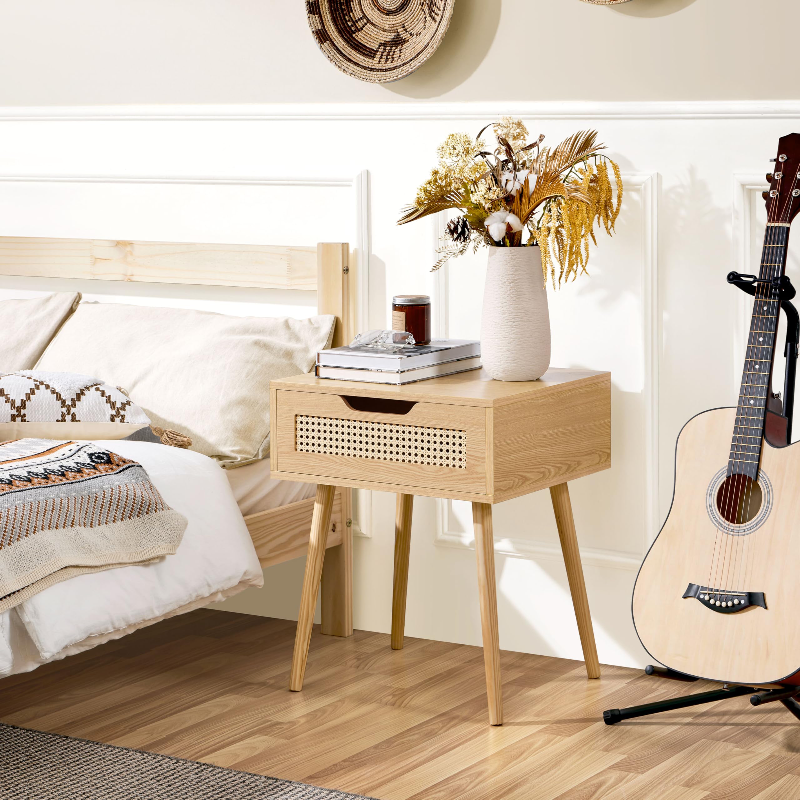 Yaheetech Nachttisch 2er Set mit Schublade Beistelltisch Rattan Nachtkommode Holzbeine Nachtschrank Sofatisch Boxspringbett Nachtkommode 48,5 cm L × 41 cm B × 57,5 cm H, Hellbraun