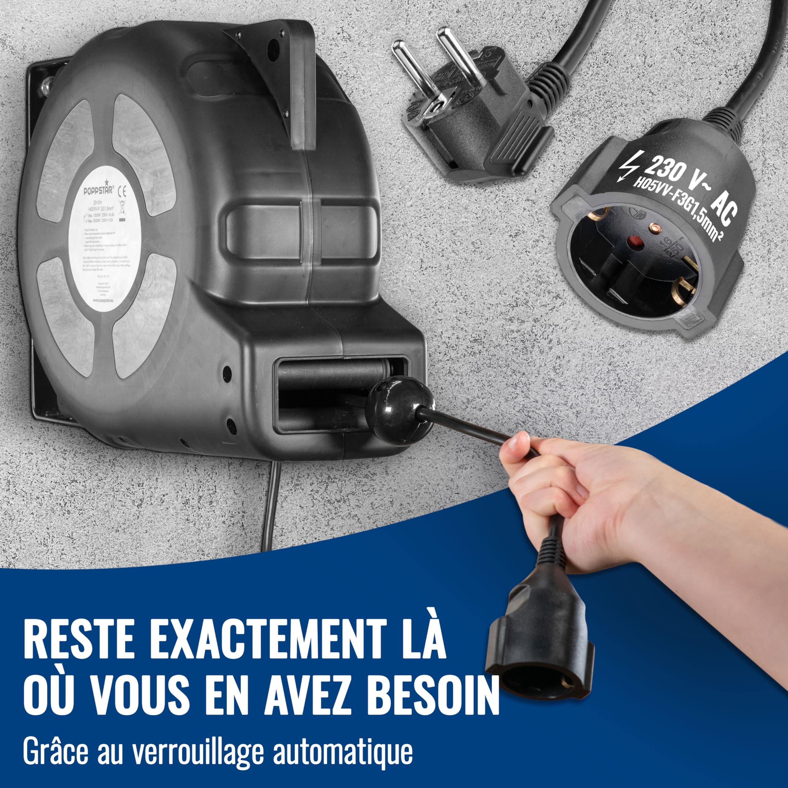 Poppstar Enrouleur de câble électrique automatique 20m + 2m (max. 3000W) Tambour de câble automatique auto-enroulant IP20 avec interrupteur thermique