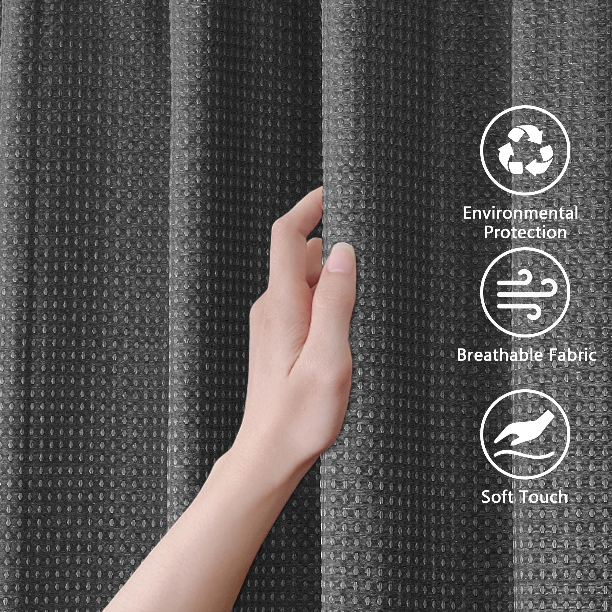 FIISAYL Wafel Douchegordijn Shower Curtains met magneet, wasbaar textiel, polyester stof, badgordijn met 12 douchegordijnringen, waterdicht voor douche en badkuip 183 x 198 cm (donkergrijs