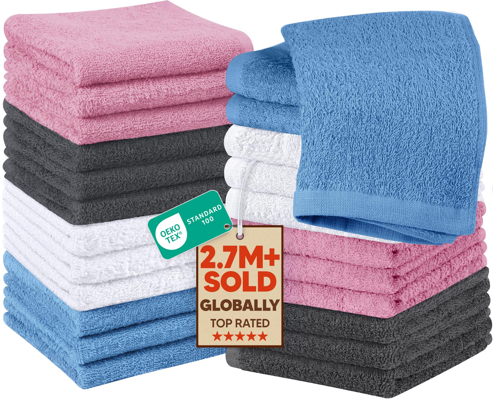 Utopia Towels 24 Pack Washcloths, 12x12 in, 100% Cotton, Variety