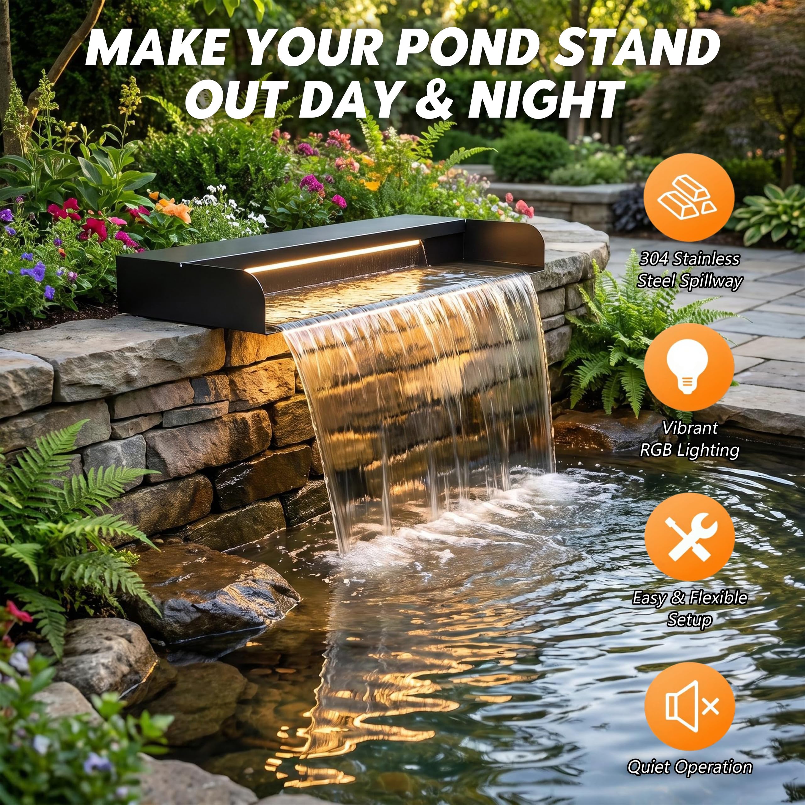 Set Cascata per Laghetto Esterno 30 cm in Acciaio Inossidabile con con Pompa da 60 W 3200 L/h Catena Luminosa LED telecomandata con Cambio di Colore Fontana per Piscina per Giardino Patio e Terrazza